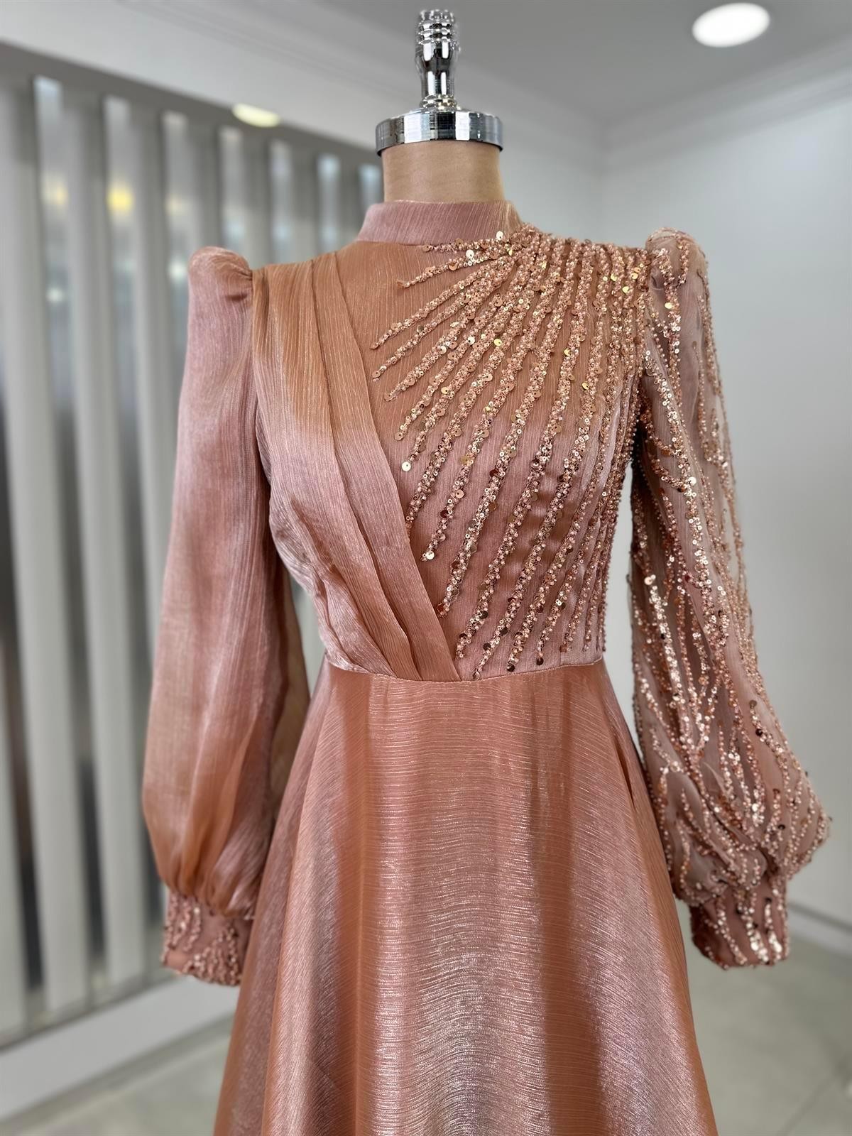 Organza Beaded Lace Embroidered Sun Hijab Evening Dress Rose