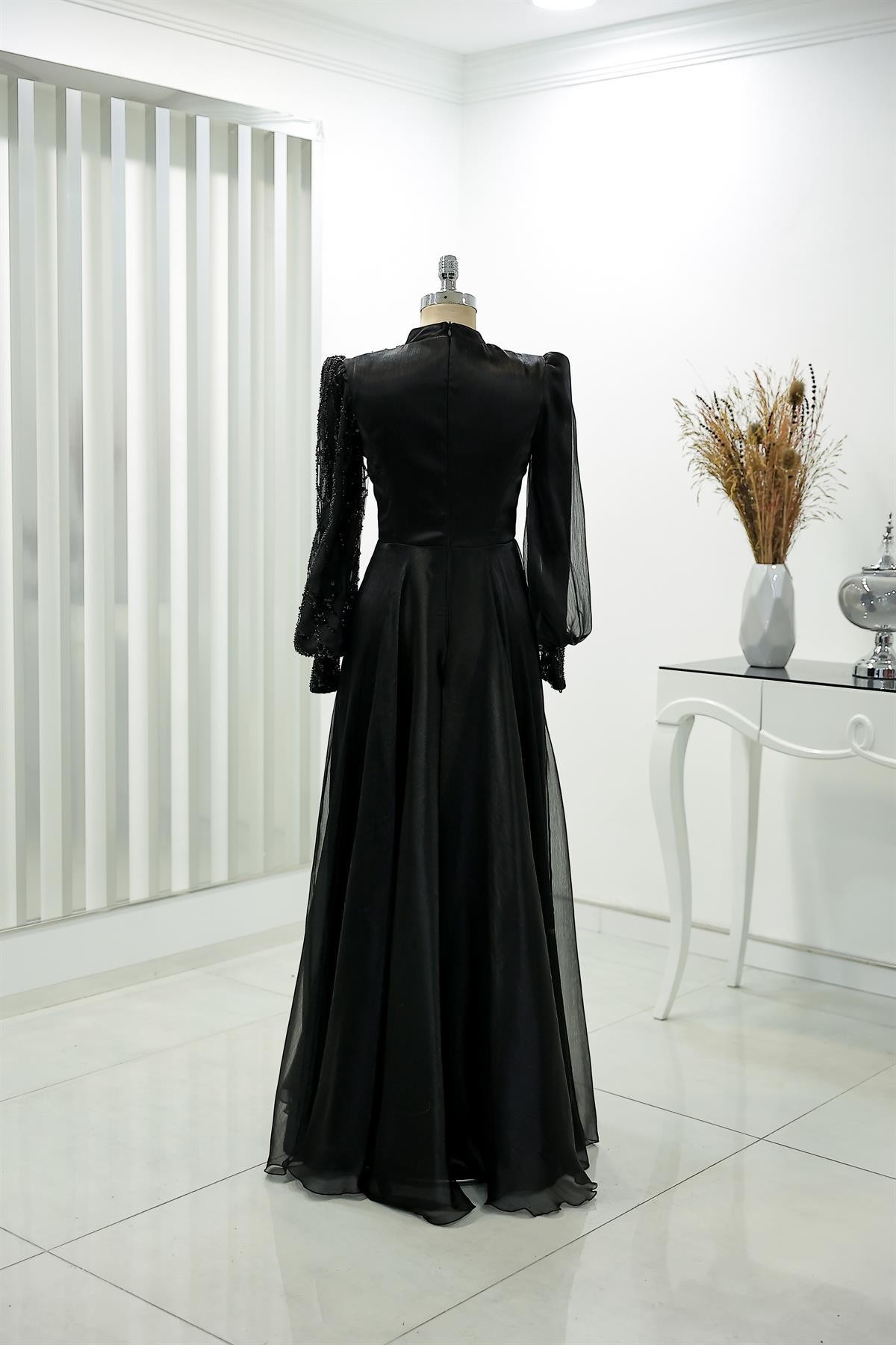 Organza Beaded Lace Embroidered Sun Hijab Evening Dress Black