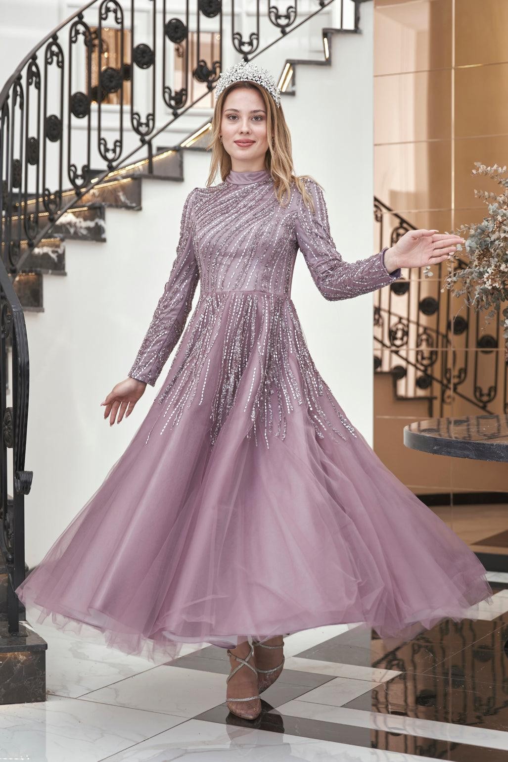 Anna Midi Stoned Hijab Evening Dress Lilac