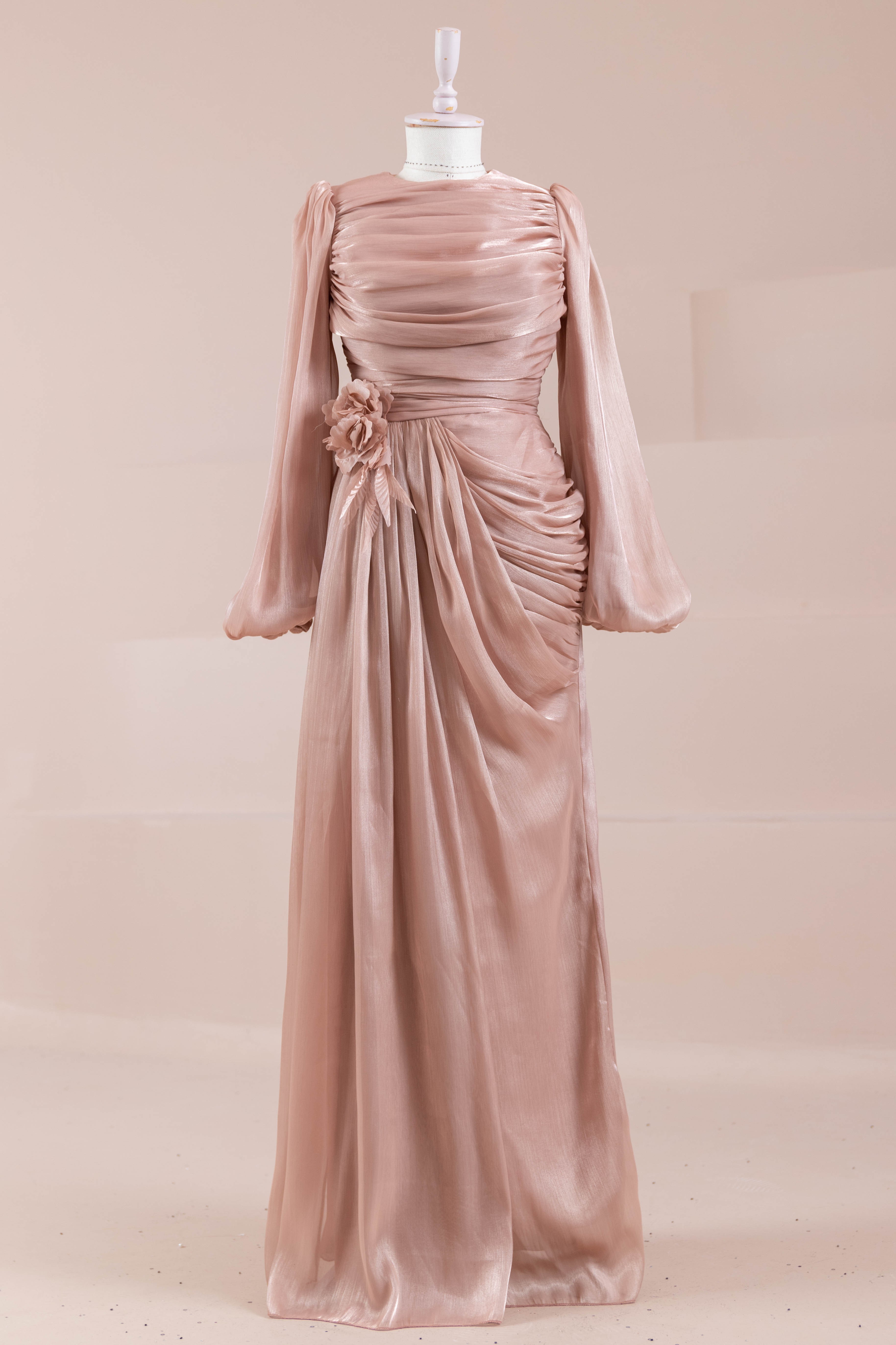 Çiçekli Lotus Tesettür Abiye - Salmon