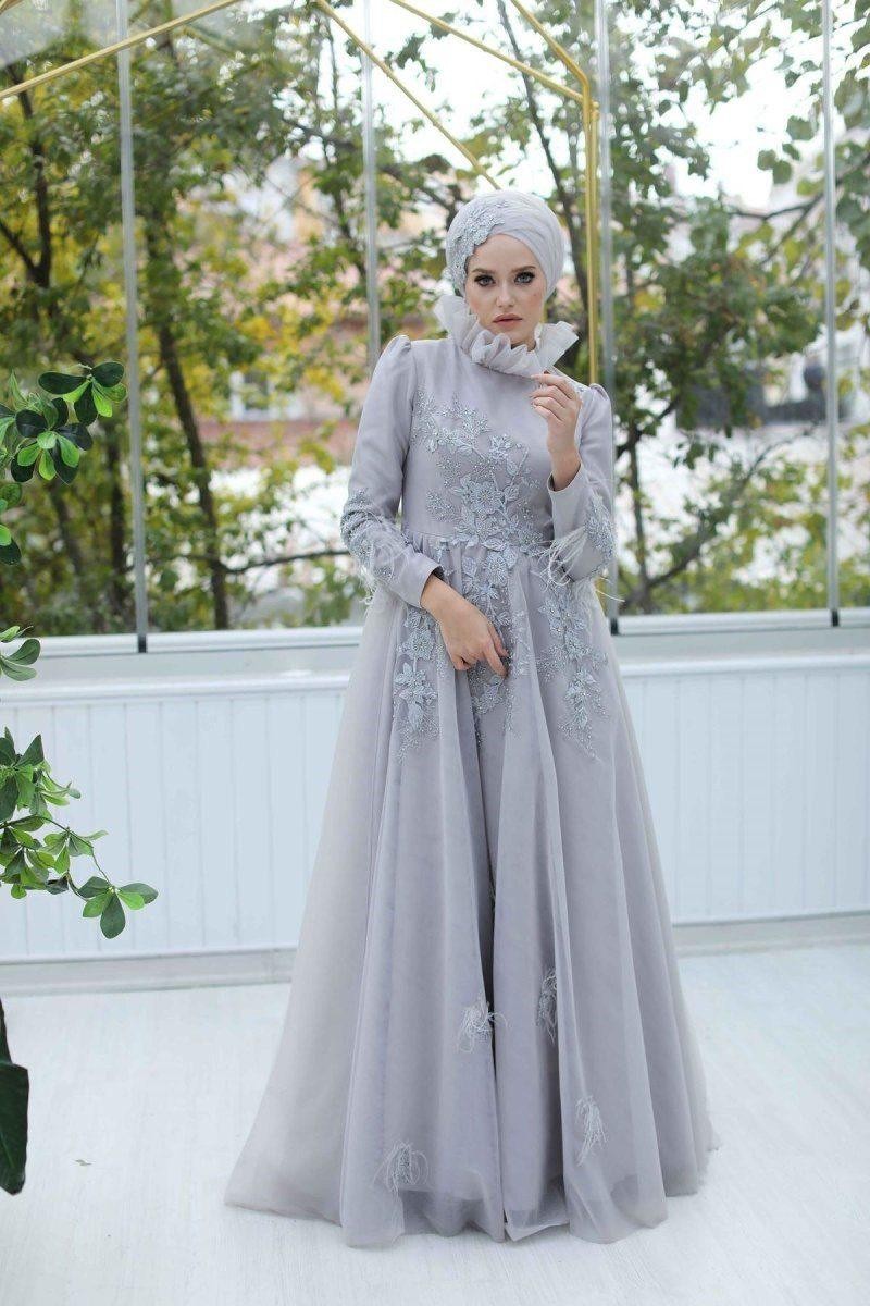 Nevra Hijab Evening Dress - Gray