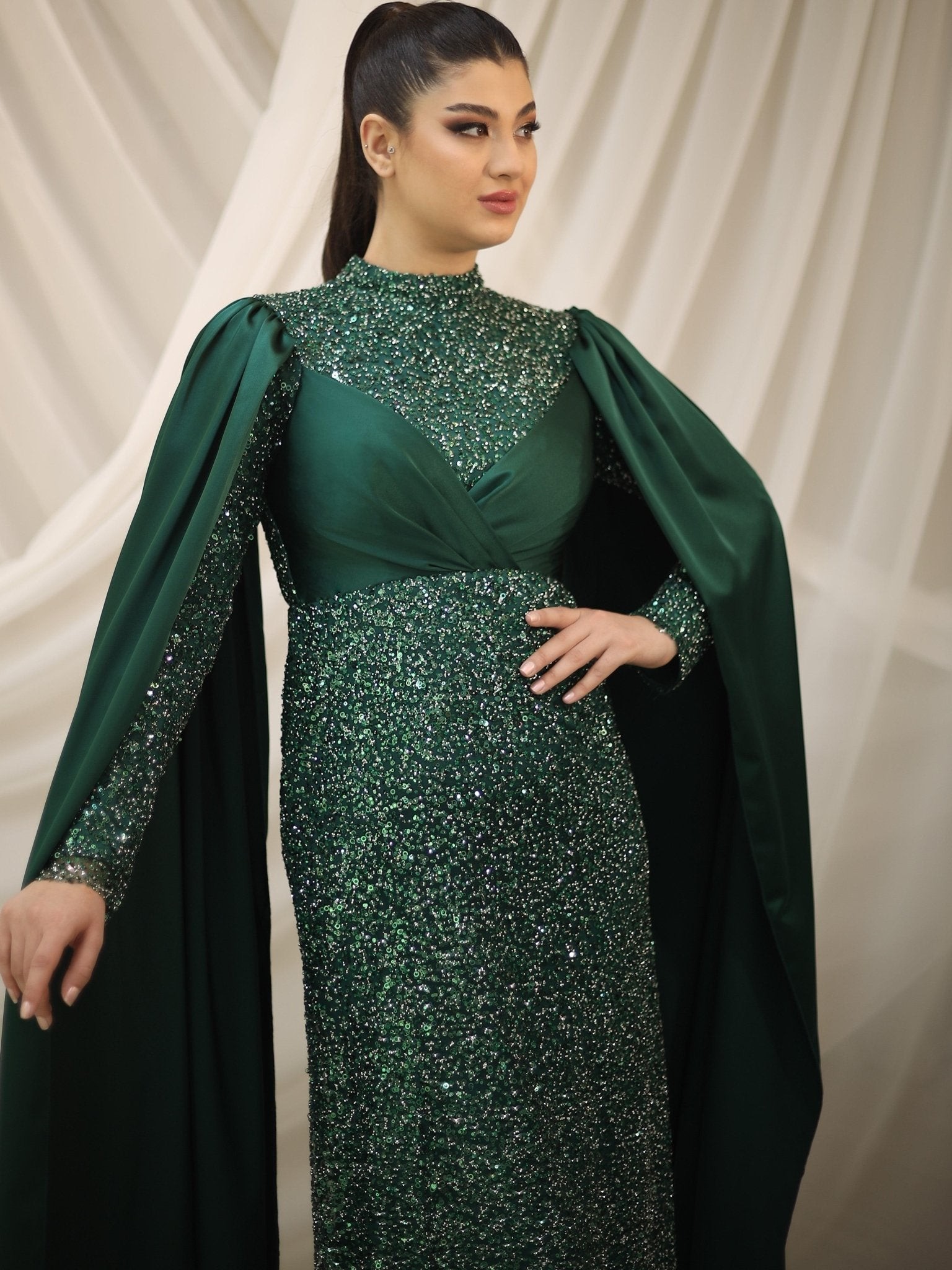 Mother of Pearl Hijab Evening Dress - Emerald