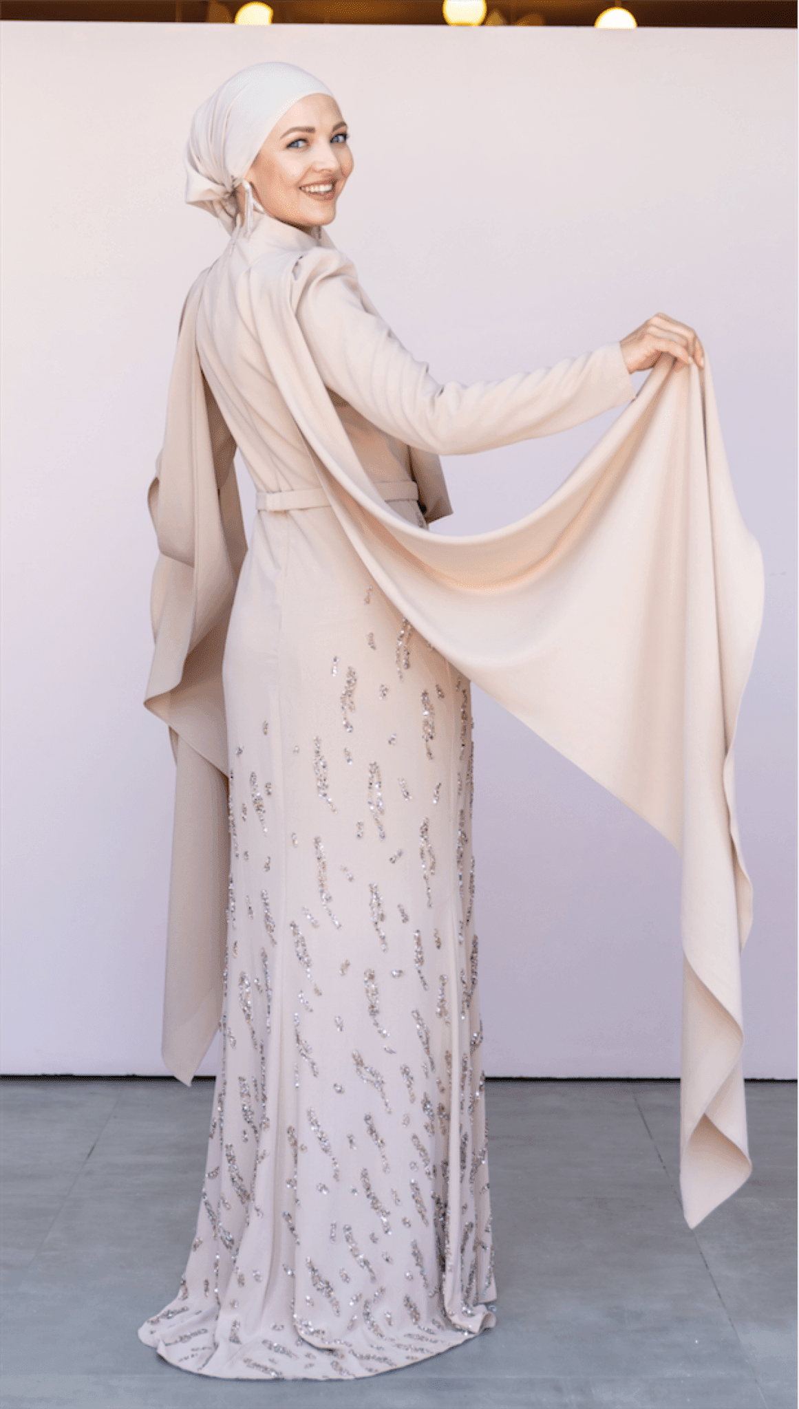 Lace Collar Hijab Evening Dress with Shawl - Cream