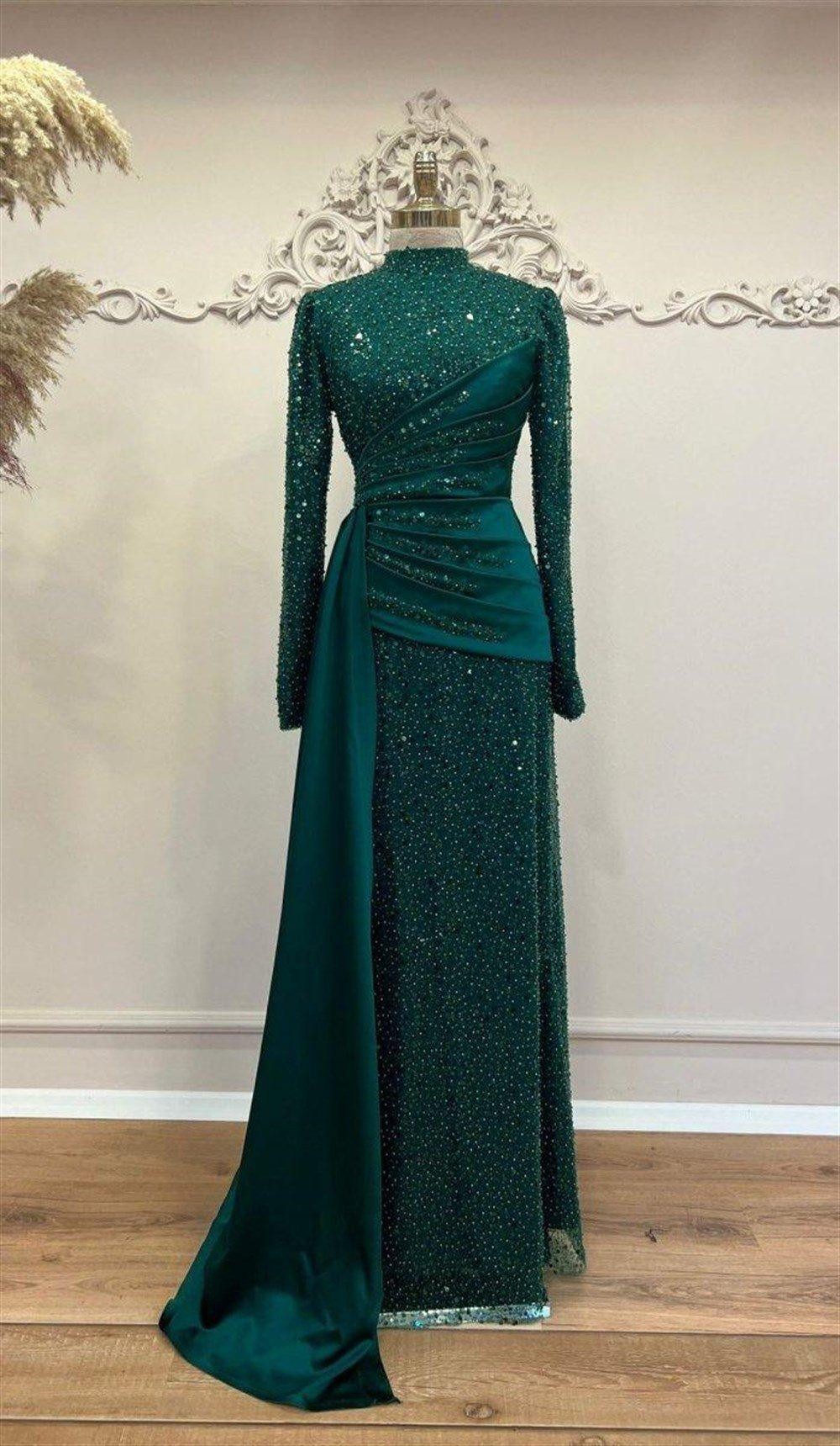 Draped Hijab Evening Dress - Emerald