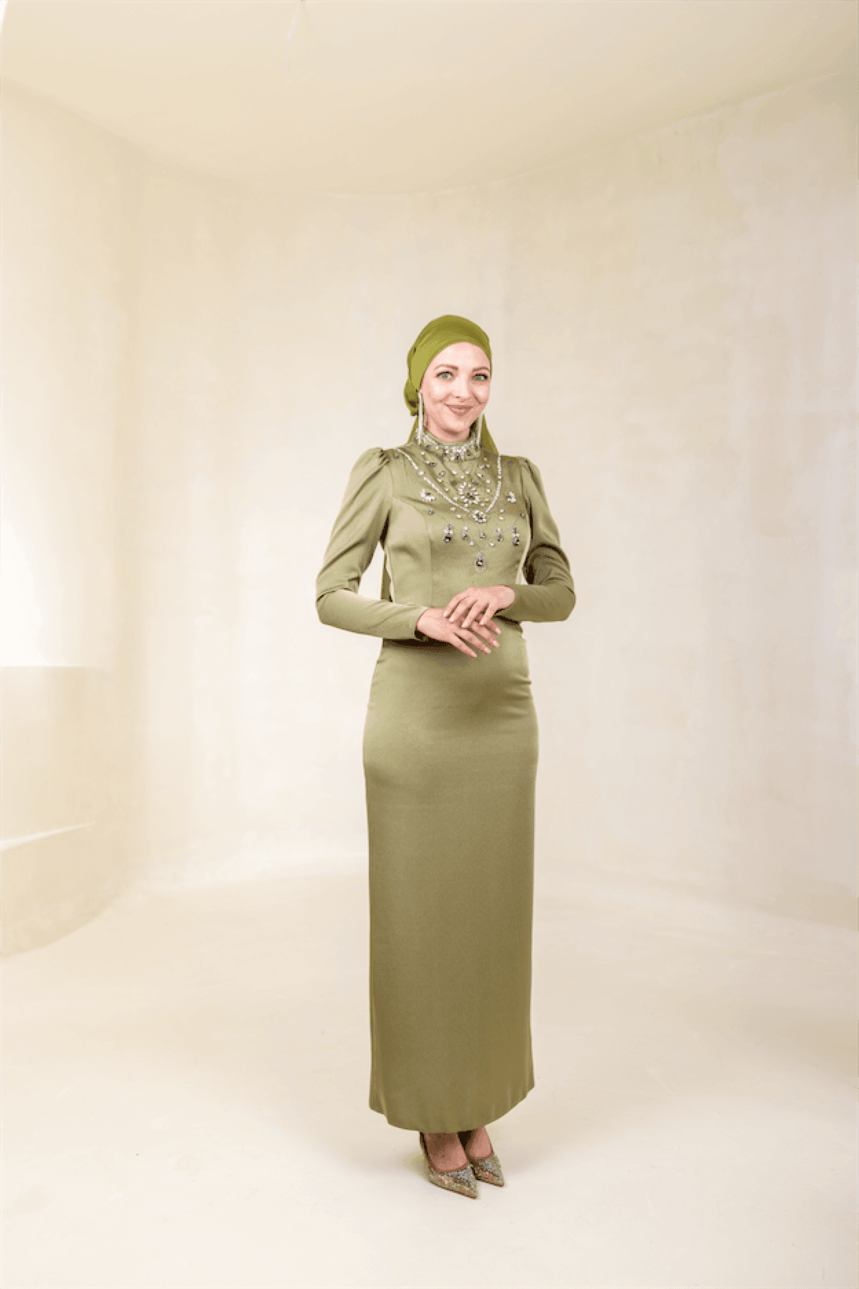 Irene Hijab Evening Dress - Oil Green