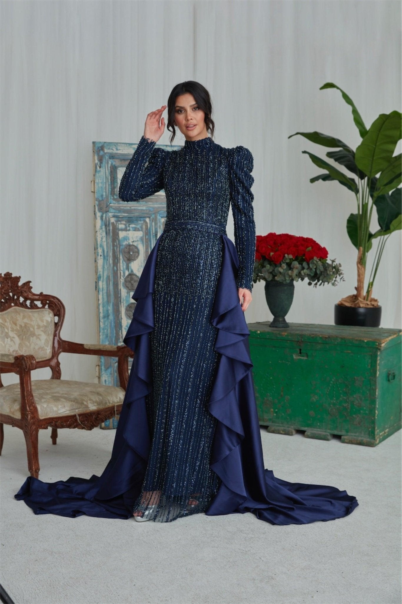 Karin Hijab Evening Dress - Navy Blue