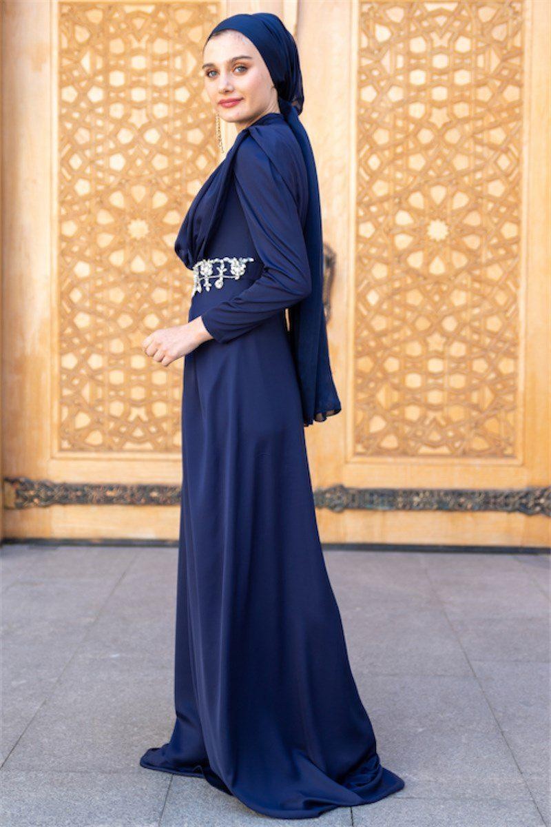 Stone Waist Hijab Evening Dress - Navy Blue