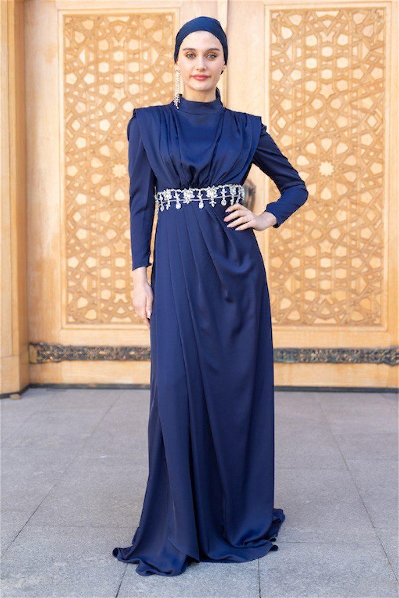 Stone Waist Hijab Evening Dress - Navy Blue