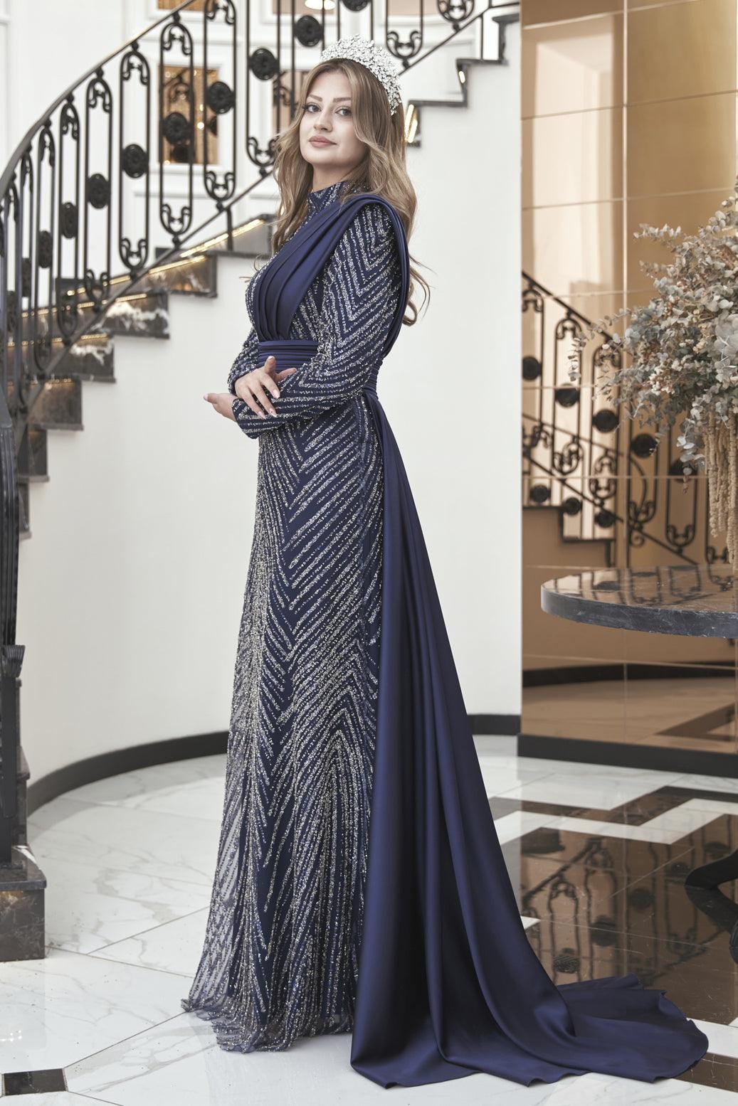 Deep Hijab Evening Dress - Navy Blue