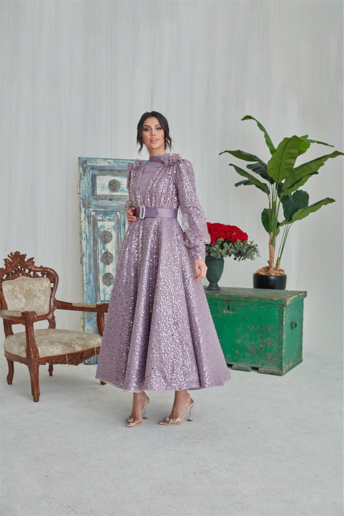 Flowers Hijab Evening Dress - Lilac