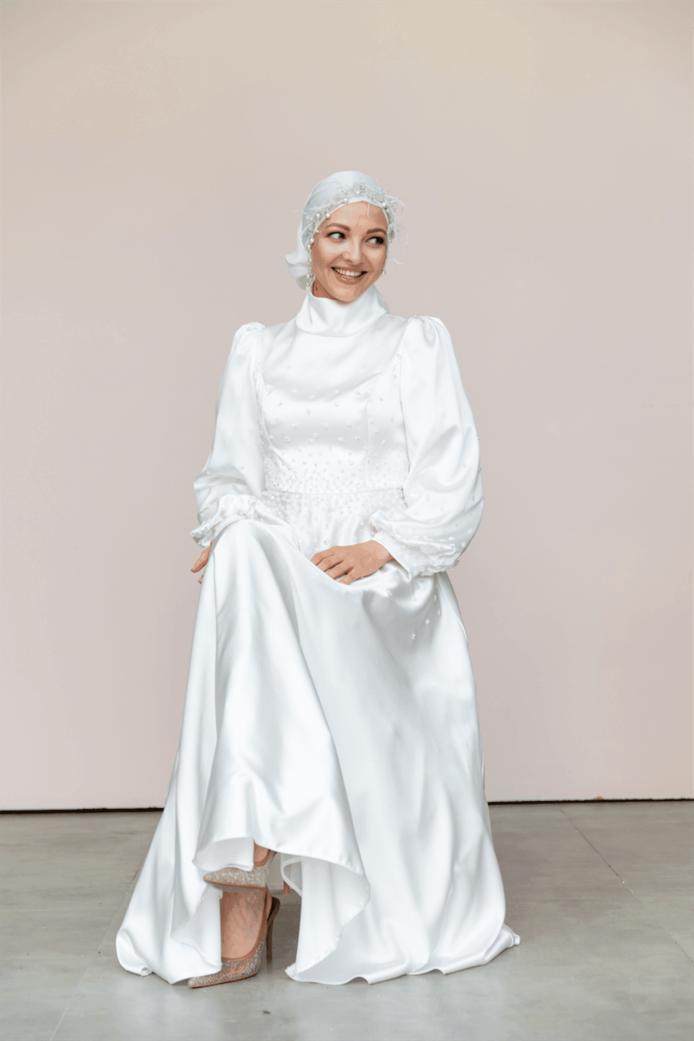 Neck Hijab Evening Dress - White