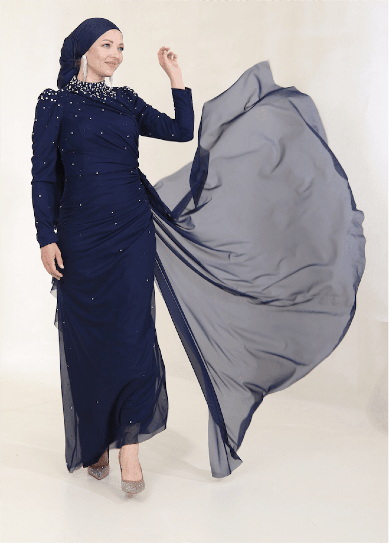 Stoneart Hijab Evening Dress - Navy Blue