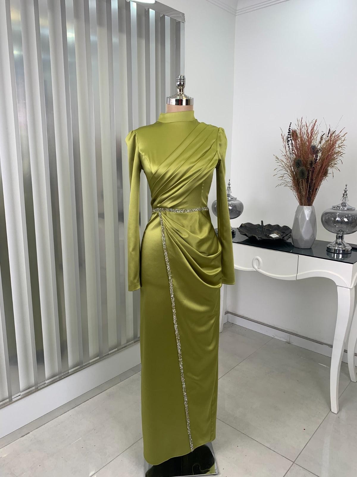 Elif Satin Hijab Evening Dress - Oil green