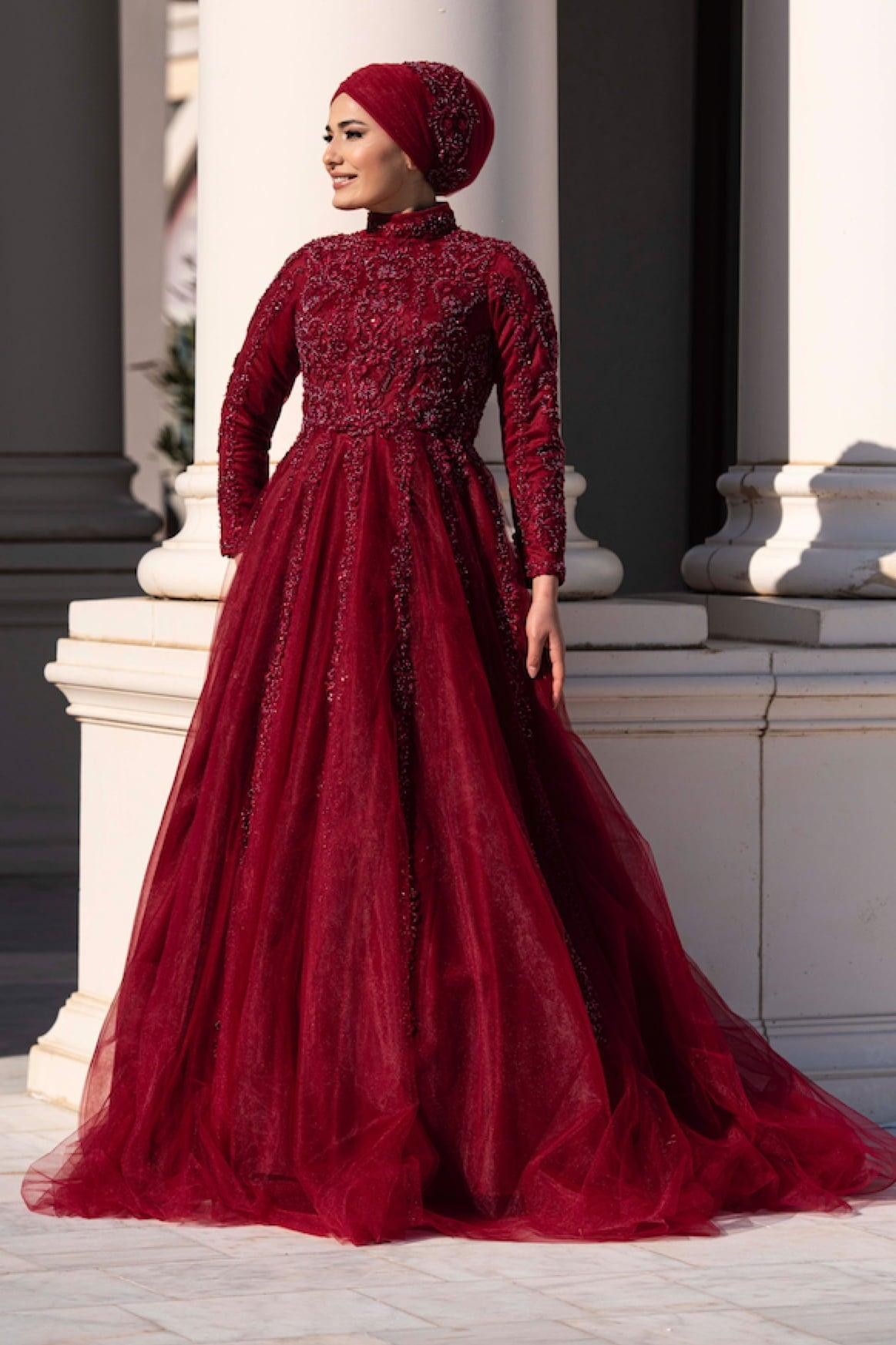 Siena Hijab Evening Dress - Claret Red