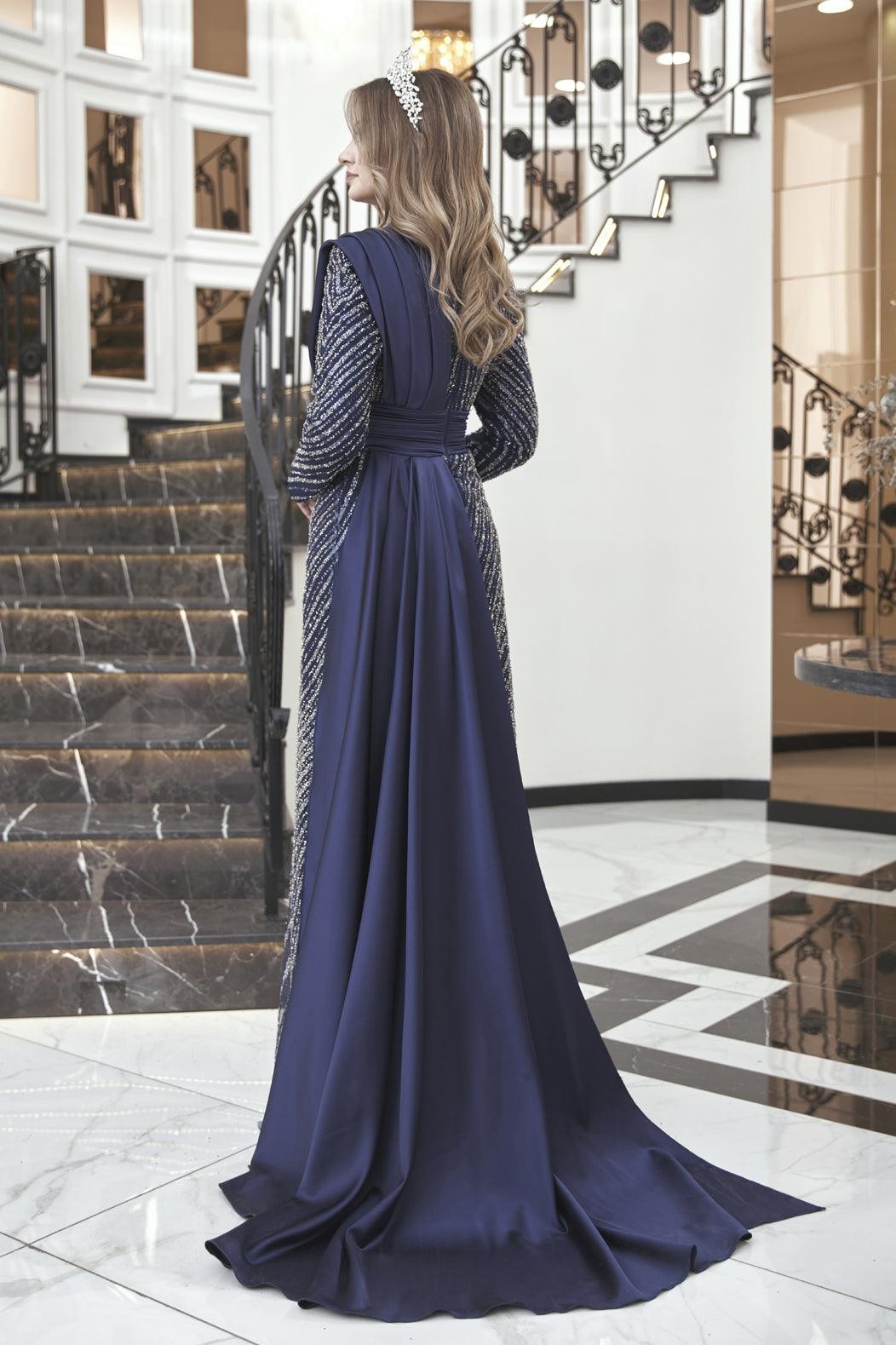 Deep Hijab Evening Dress - Navy Blue