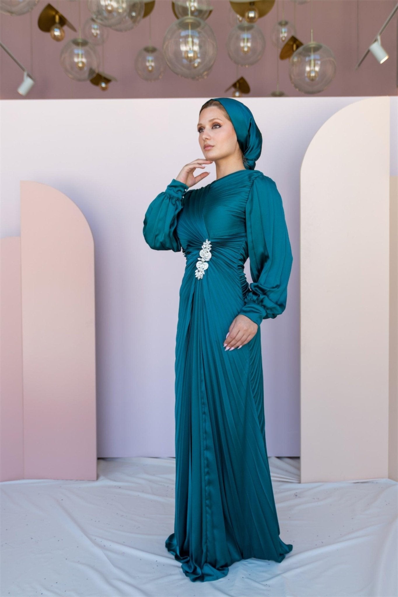 Pilise Hijab Evening Dress with Stone Waist