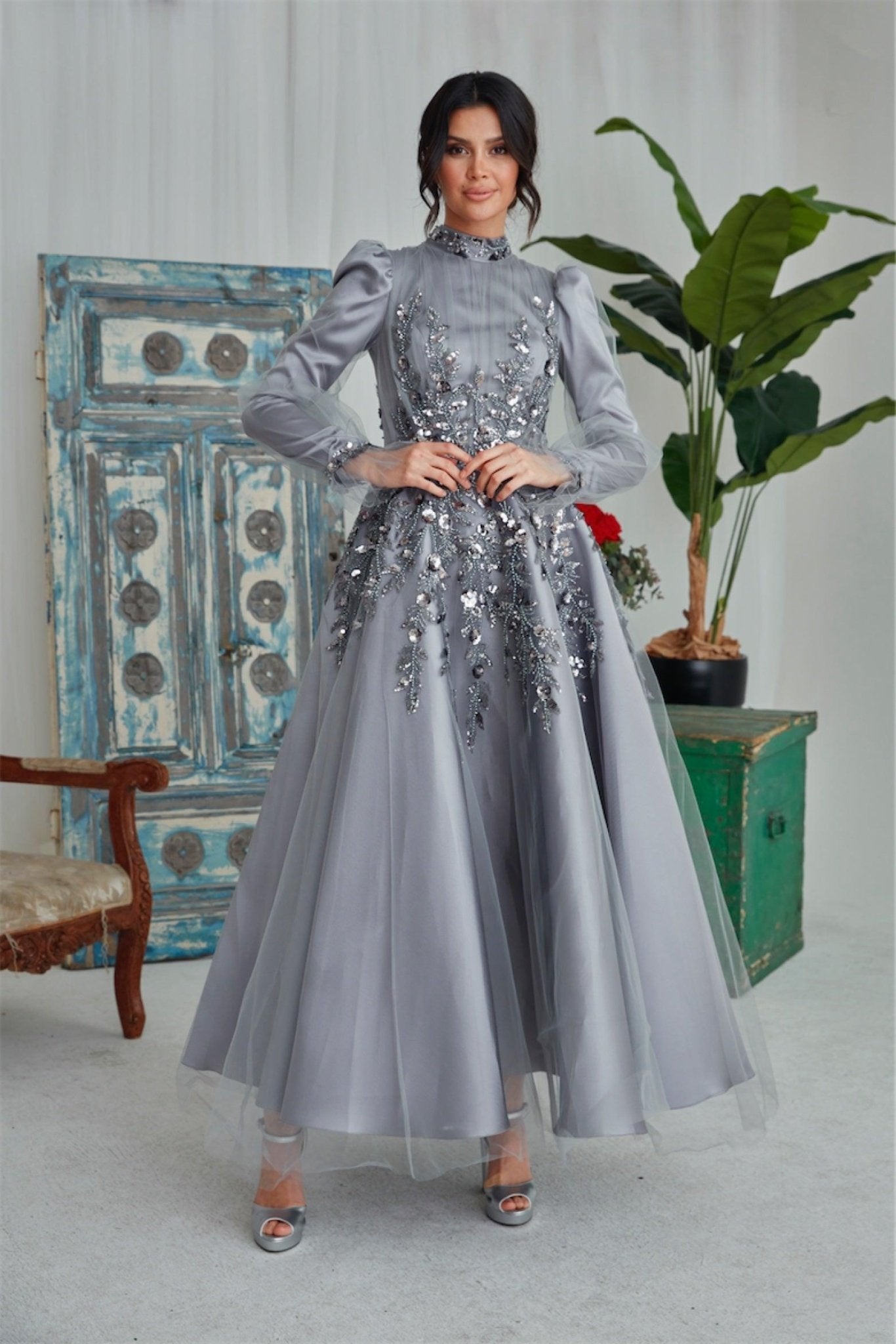 Butterfly Hijab Evening Dress - Gray