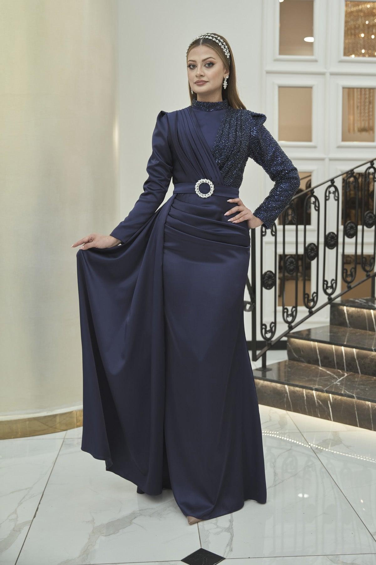 Silk Hijab Evening Dress - Navy Blue