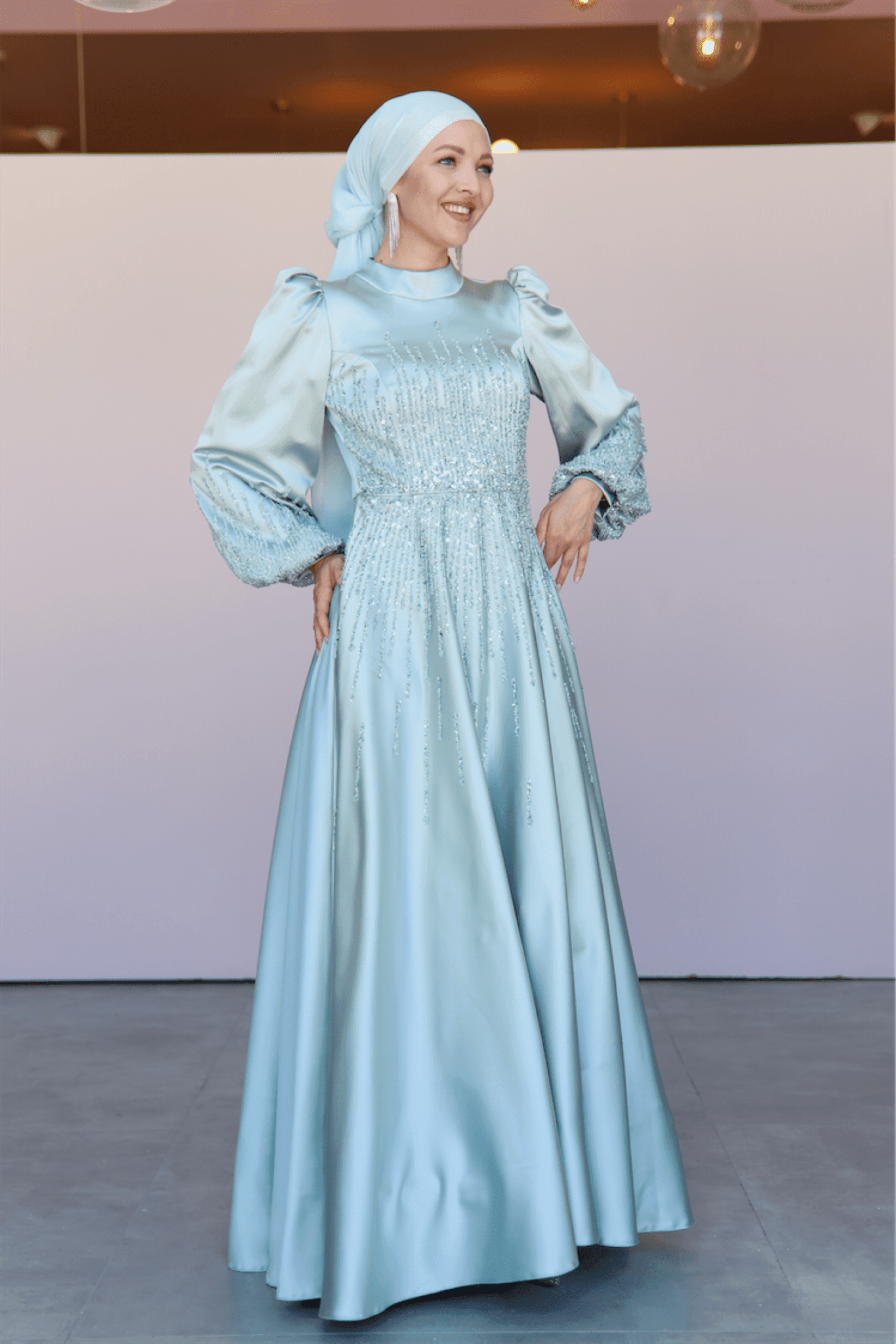 Water Hijab Evening Dress - Water Green