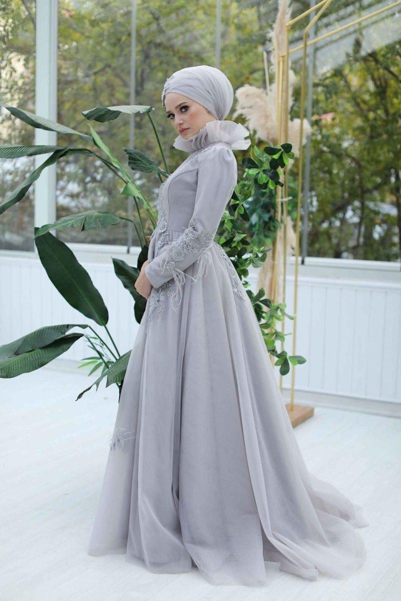 Nevra Hijab Evening Dress - Gray