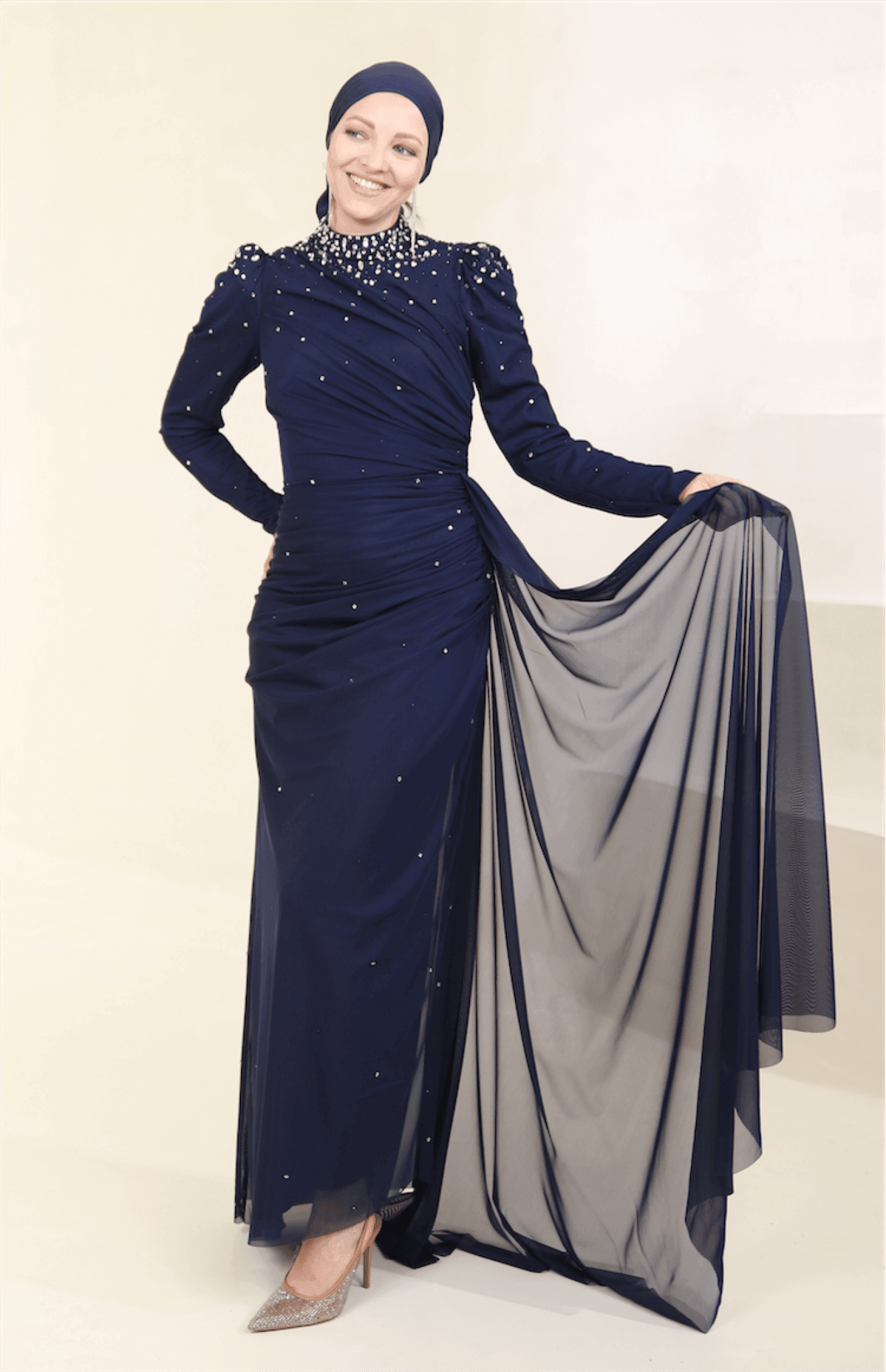 Stoneart Hijab Evening Dress - Navy Blue