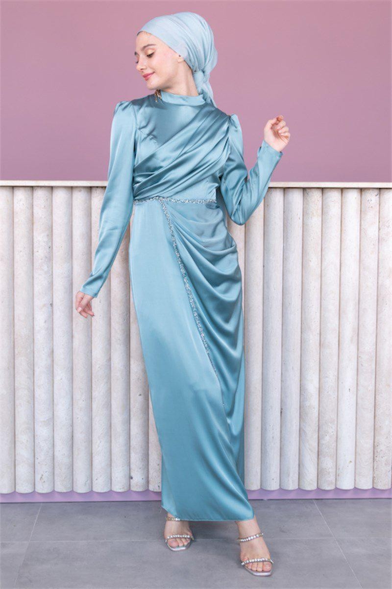 Elif Satin Hijab Evening Dress - Mint