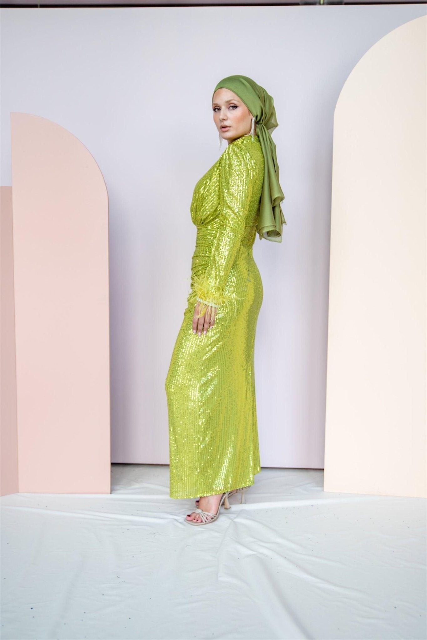 Sequined Drape Detail Hijab Evening Dress