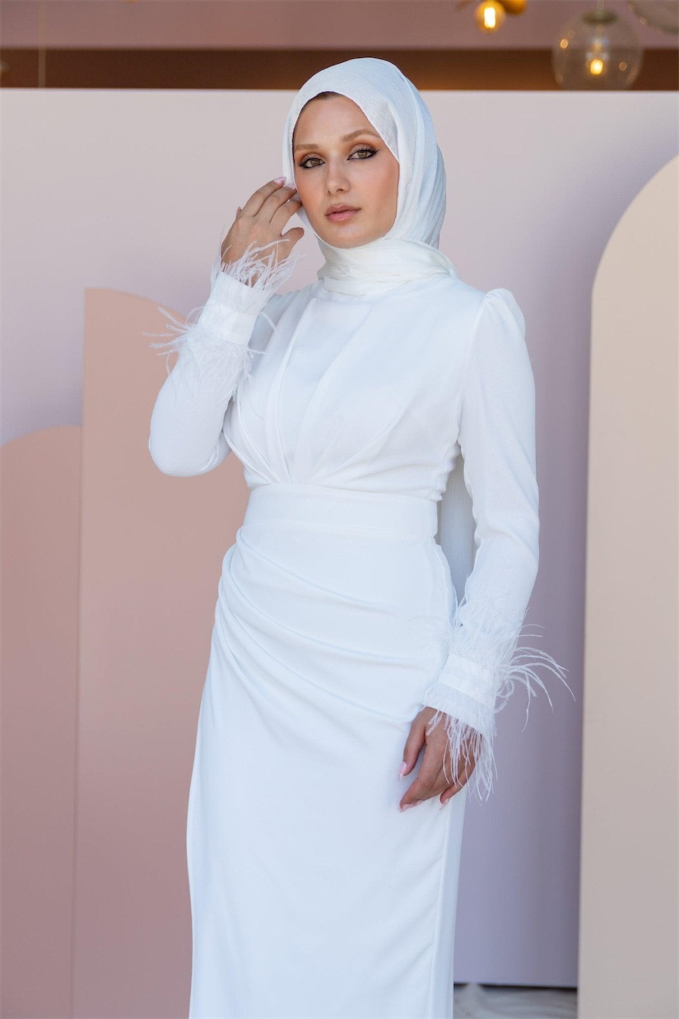 Draped Hijab Evening Dress with Feathered Sleeves - White