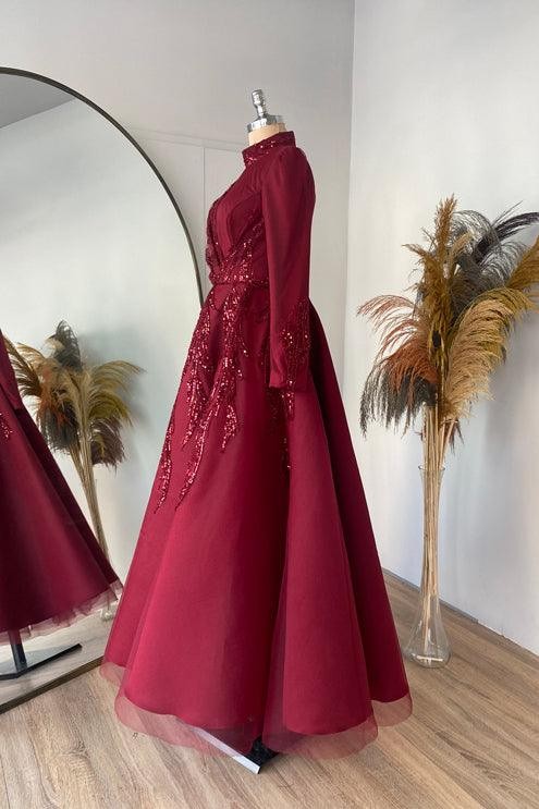 Sude Fluffy Hijab Evening Dress - Claret Red