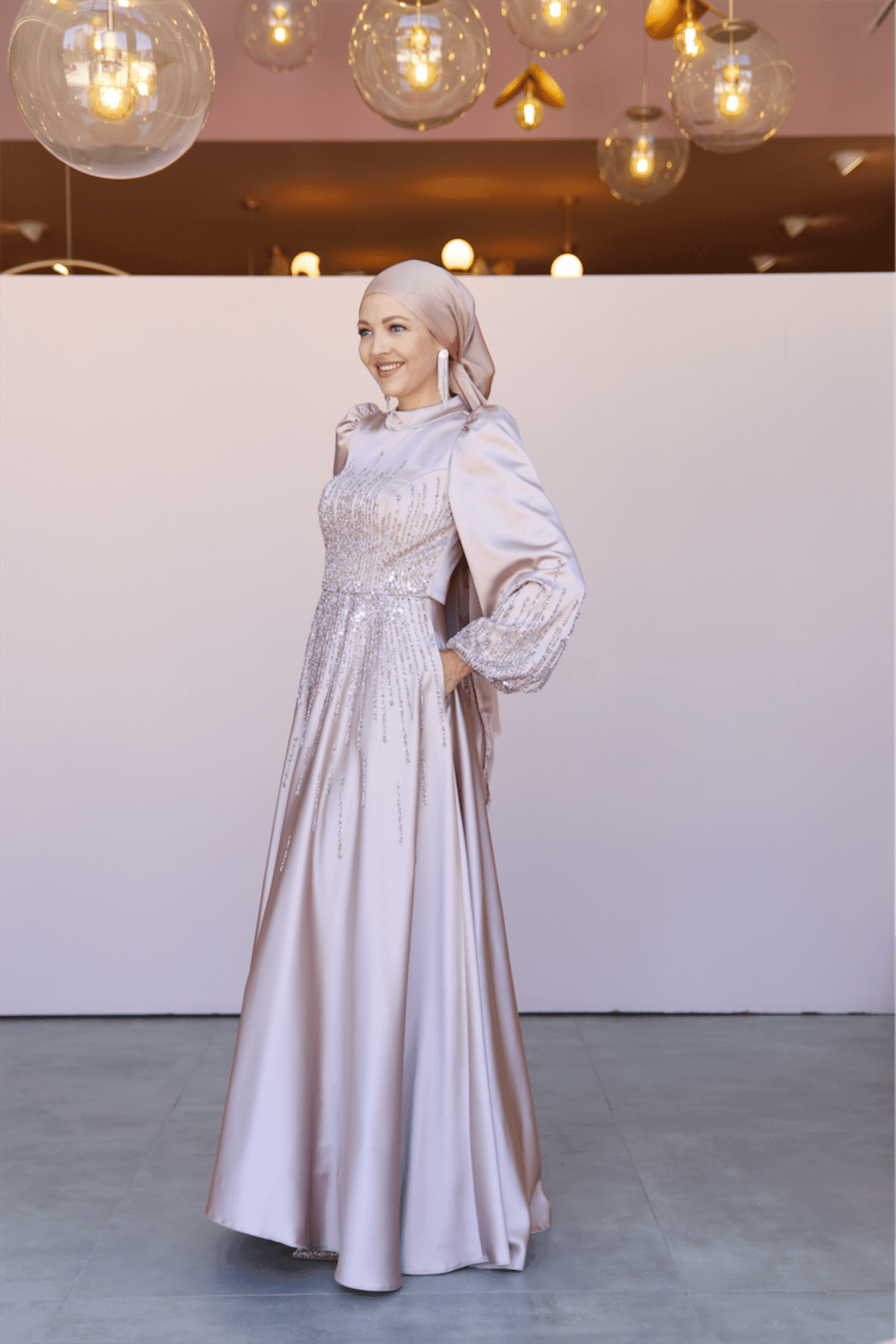 Water Hijab Evening Dress - Powder