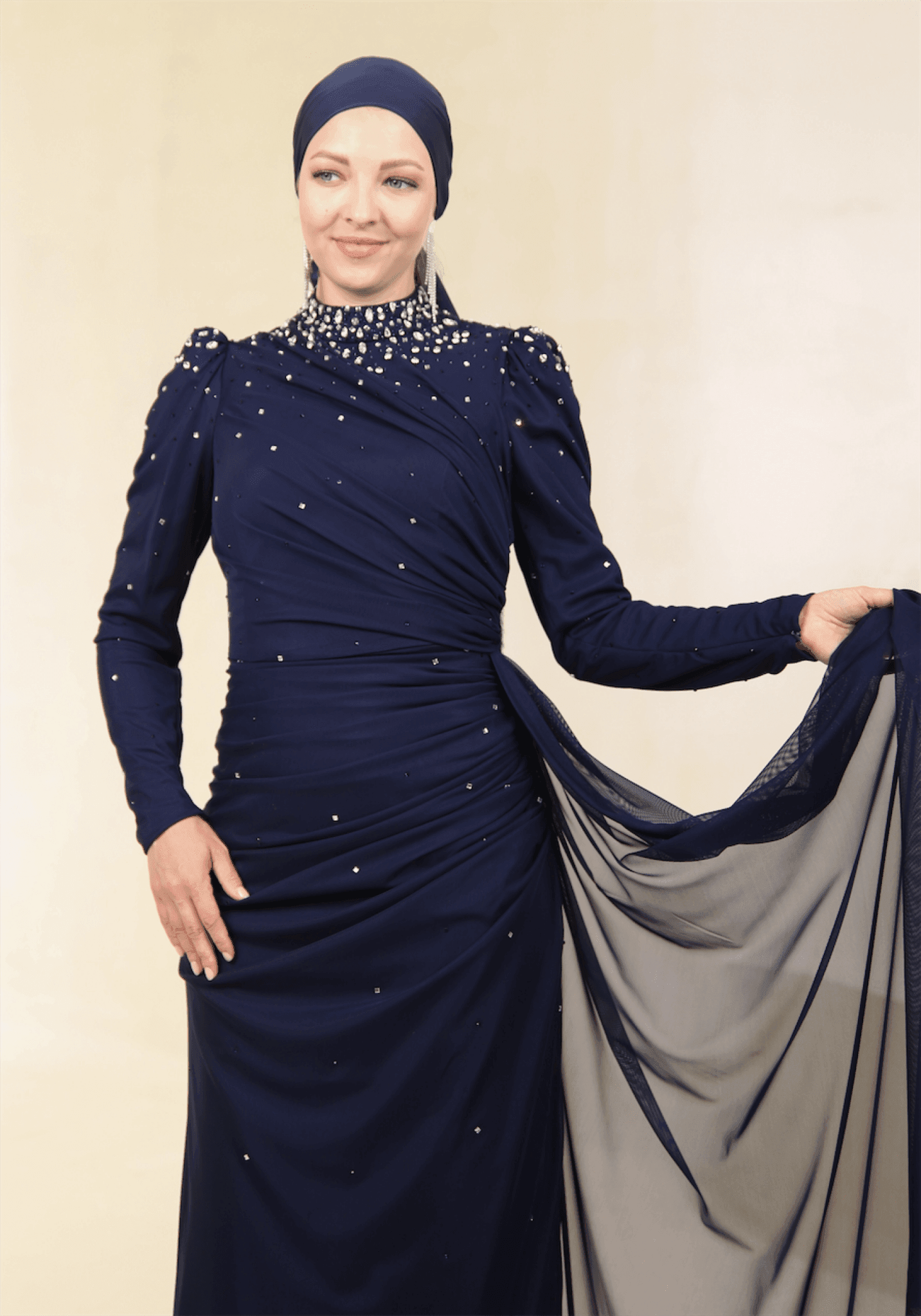 Stoneart Hijab Evening Dress - Navy Blue