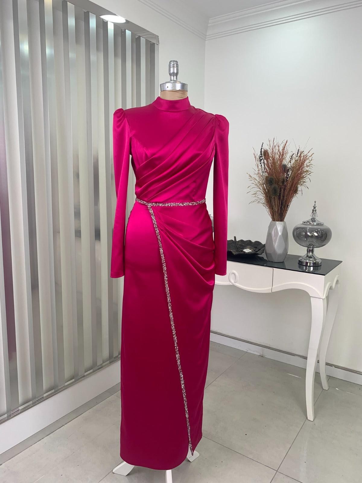 Elif Satin Hijab Evening Dress - Fuchsia