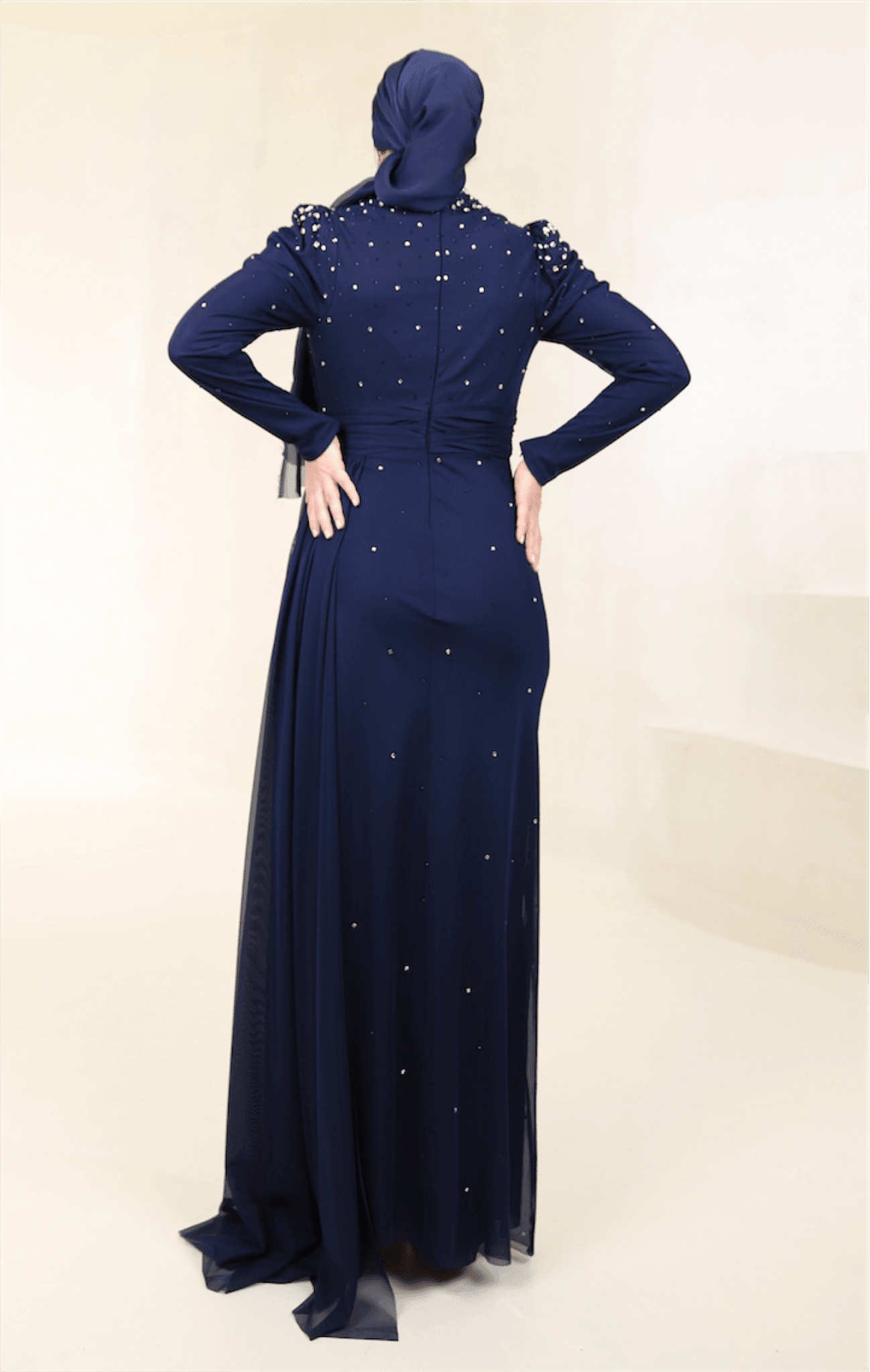 Stoneart Hijab Evening Dress - Navy Blue