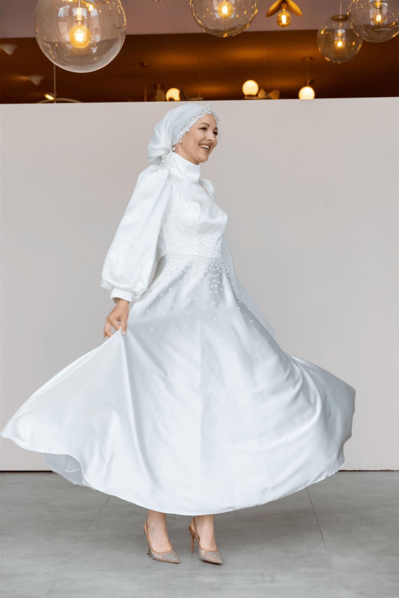 Neck Hijab Evening Dress - White - White