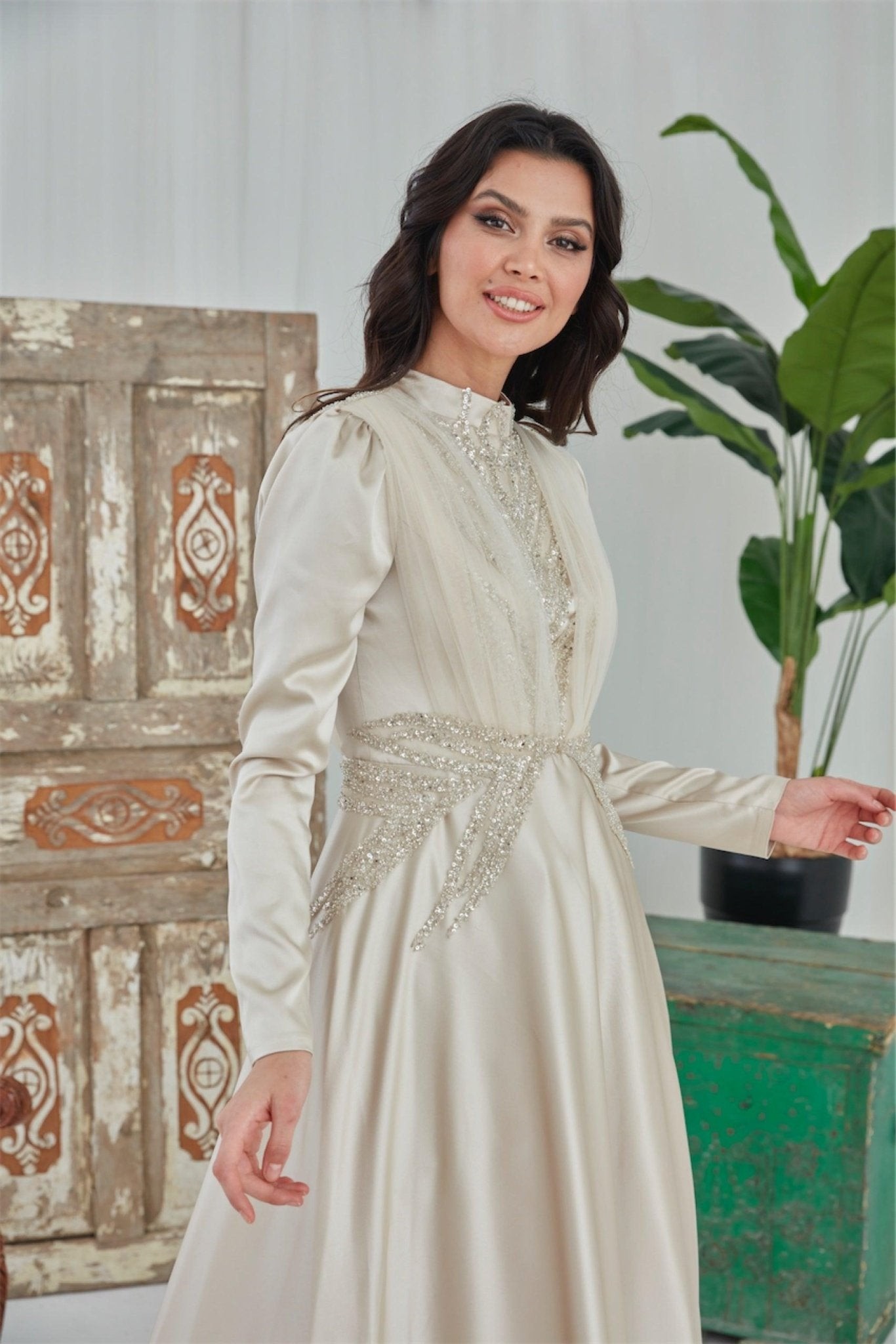 Miray Hijab Evening Dress - Cream