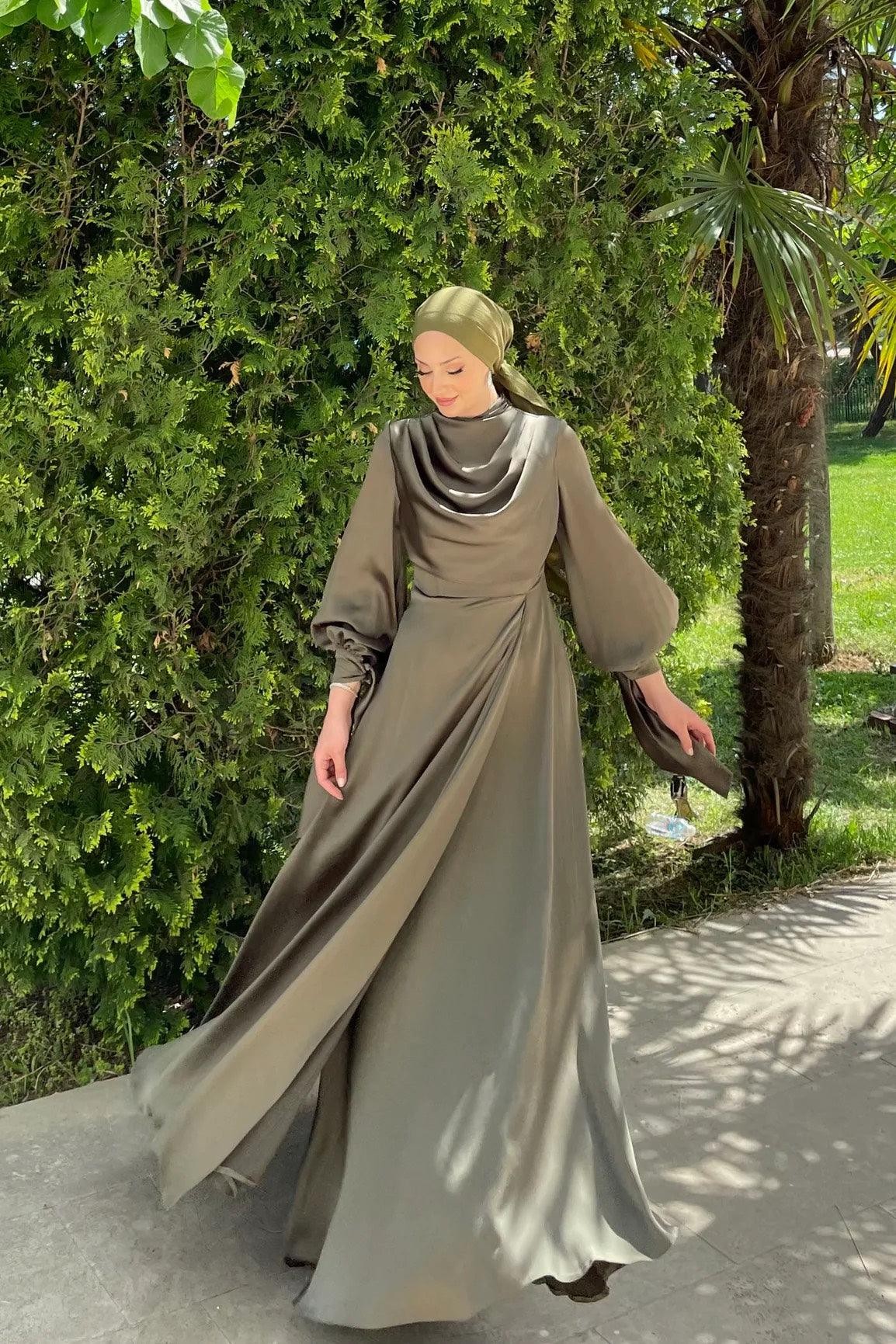 Elvira Hijab Evening Dress - Khaki