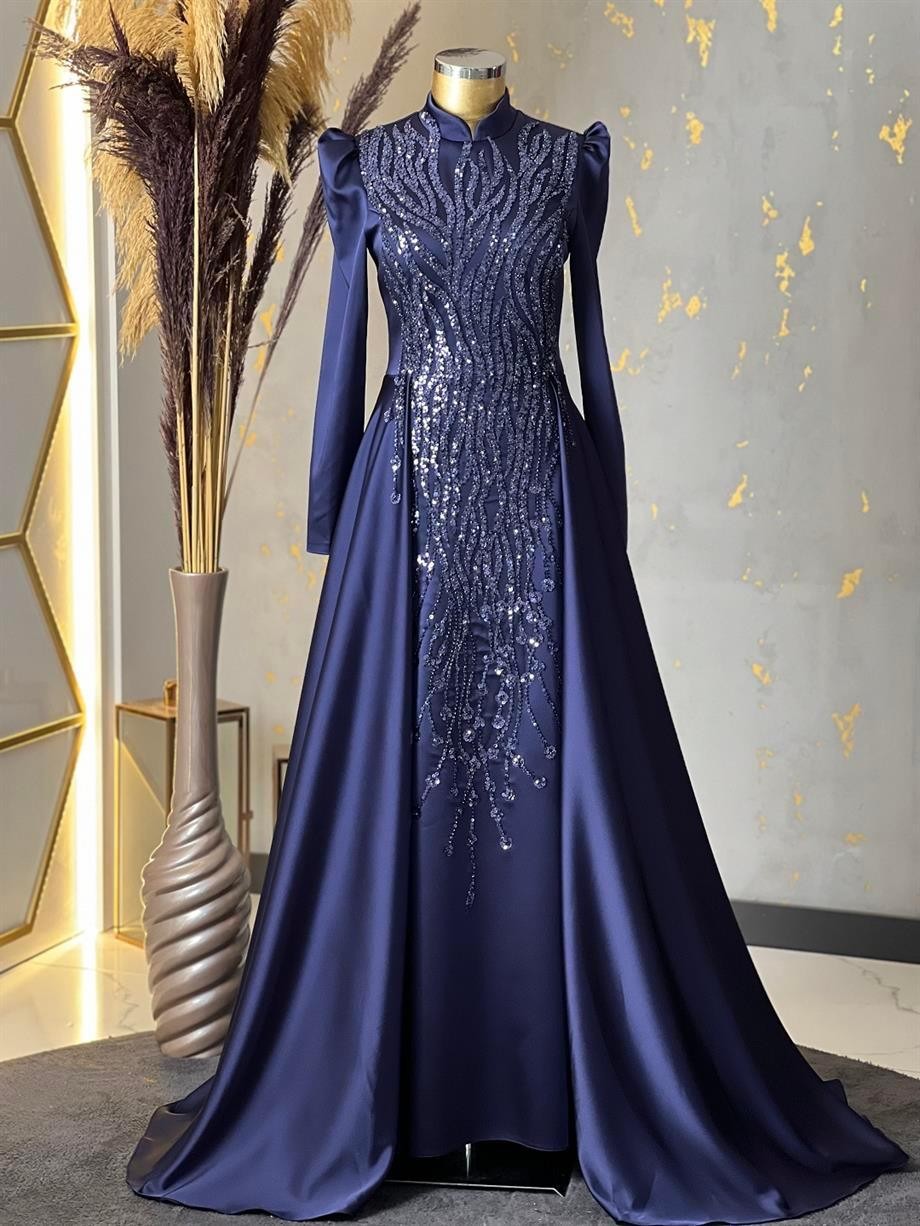 Damla Hijab Abendkleid Marineblau