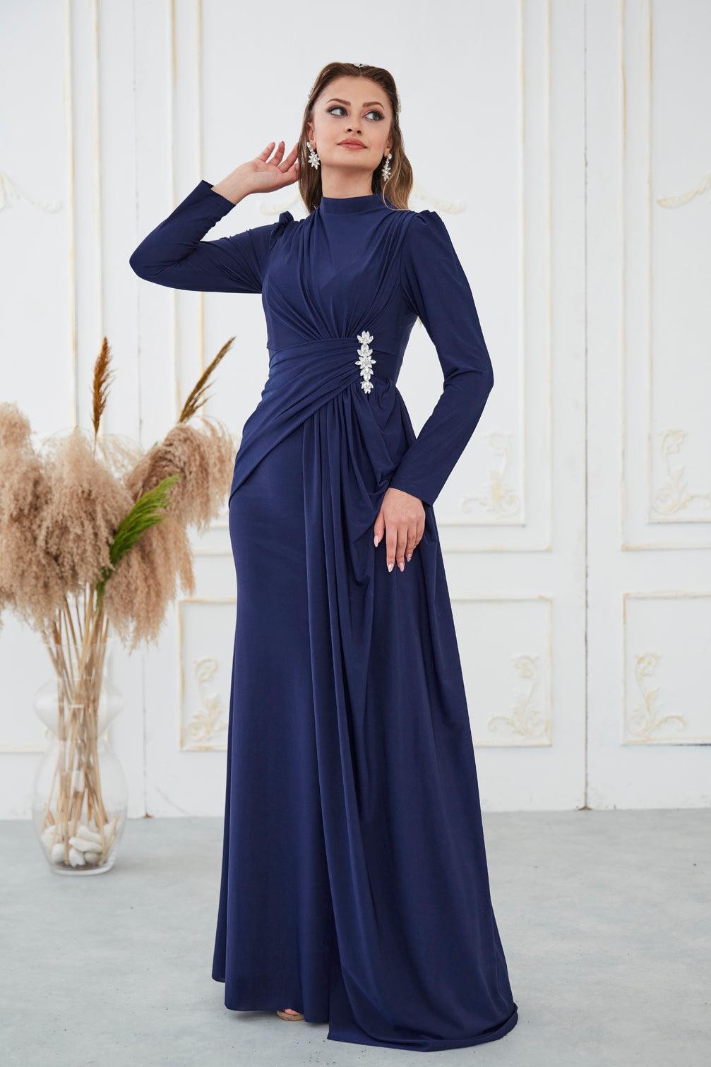 Simay Hijab Evening Dress - Navy Blue