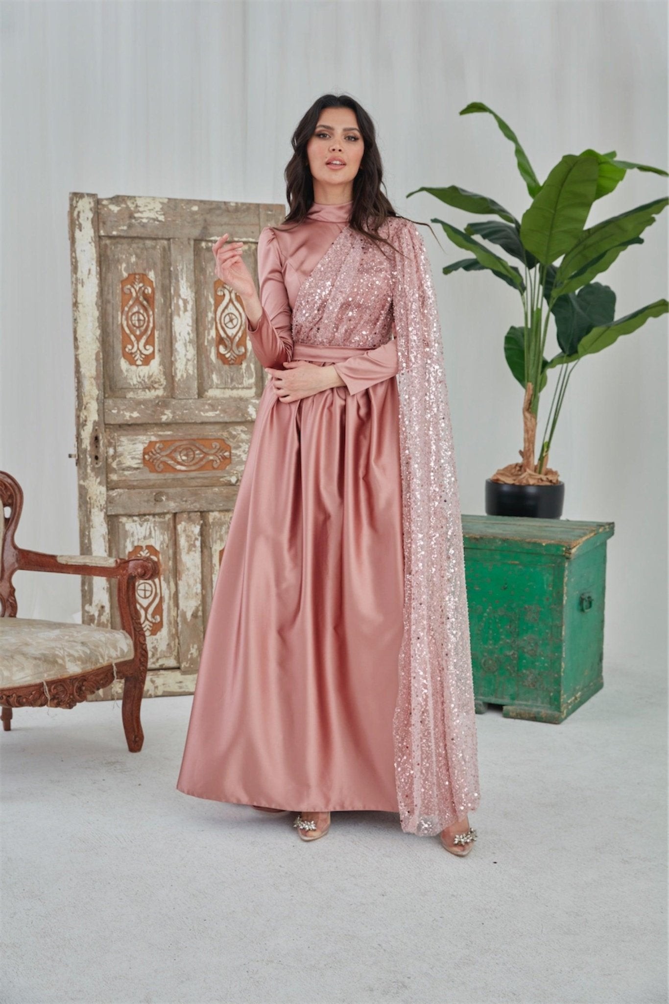 Estel Hijab Evening Dress - Powder