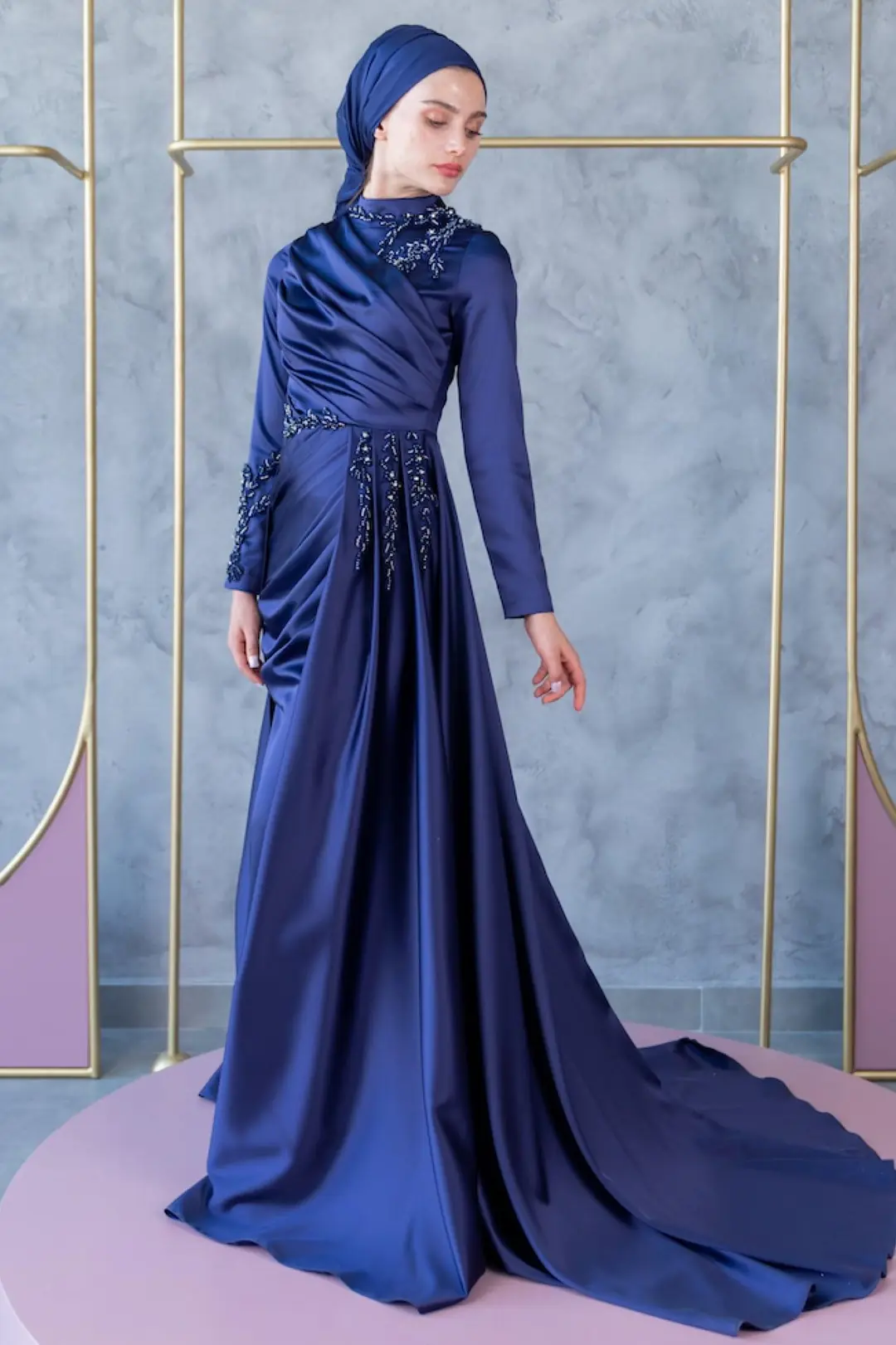 Coral Hijab Evening Dress Navy Blue