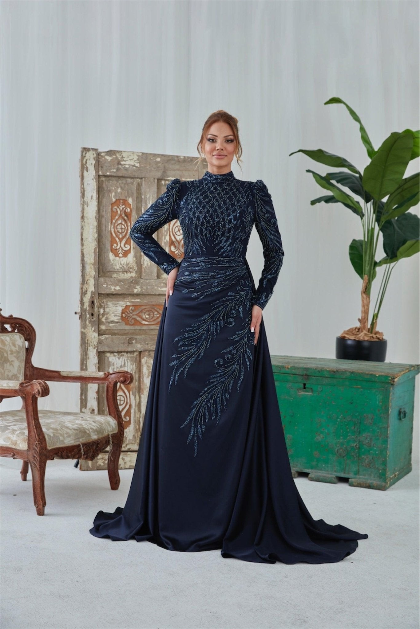 Darla Hijab Evening Dress - Navy Blue