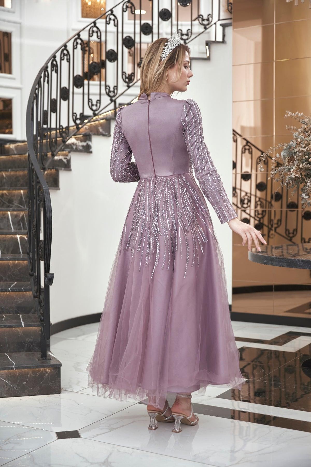 Anna Midi Stoned Hijab Evening Dress Lilac