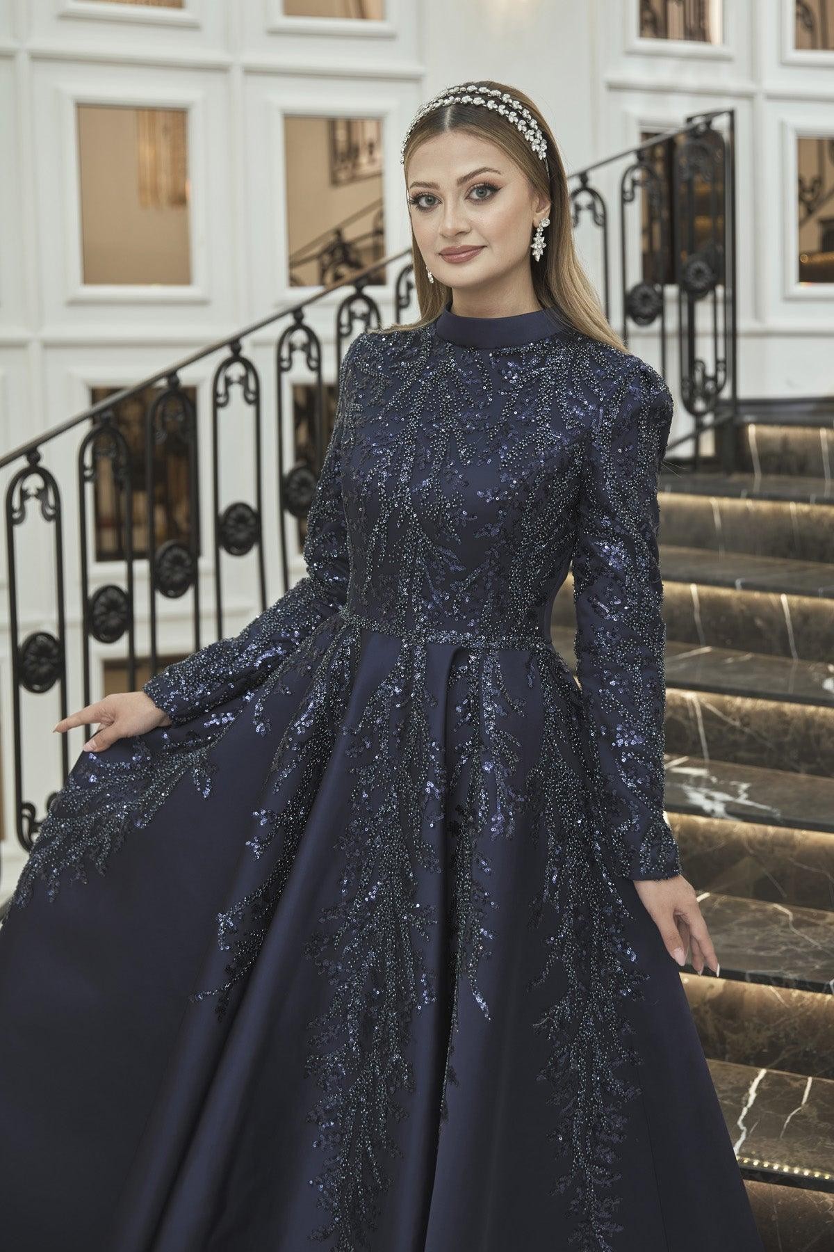 Güzin Hijab Evening Dress - Navy Blue