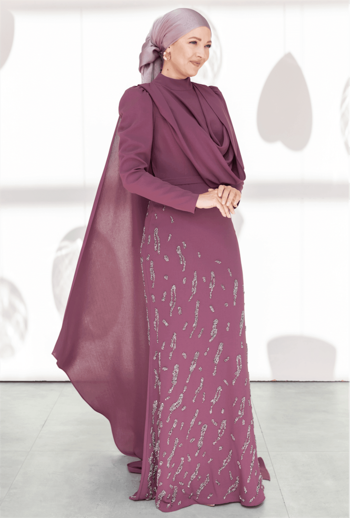 Lace Collar Hijab Evening Dress with Shawl - Plum