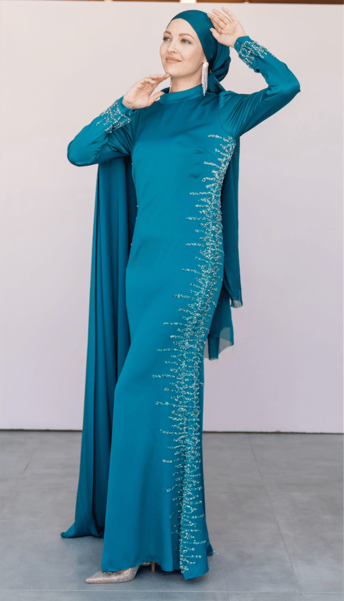 One Shoulder Cape Hijab Evening Dress - Petrol