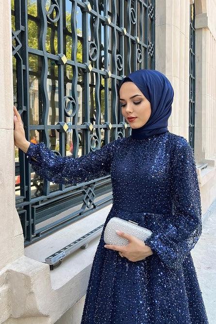 İnci Navy Blue Hijab Evening Dress