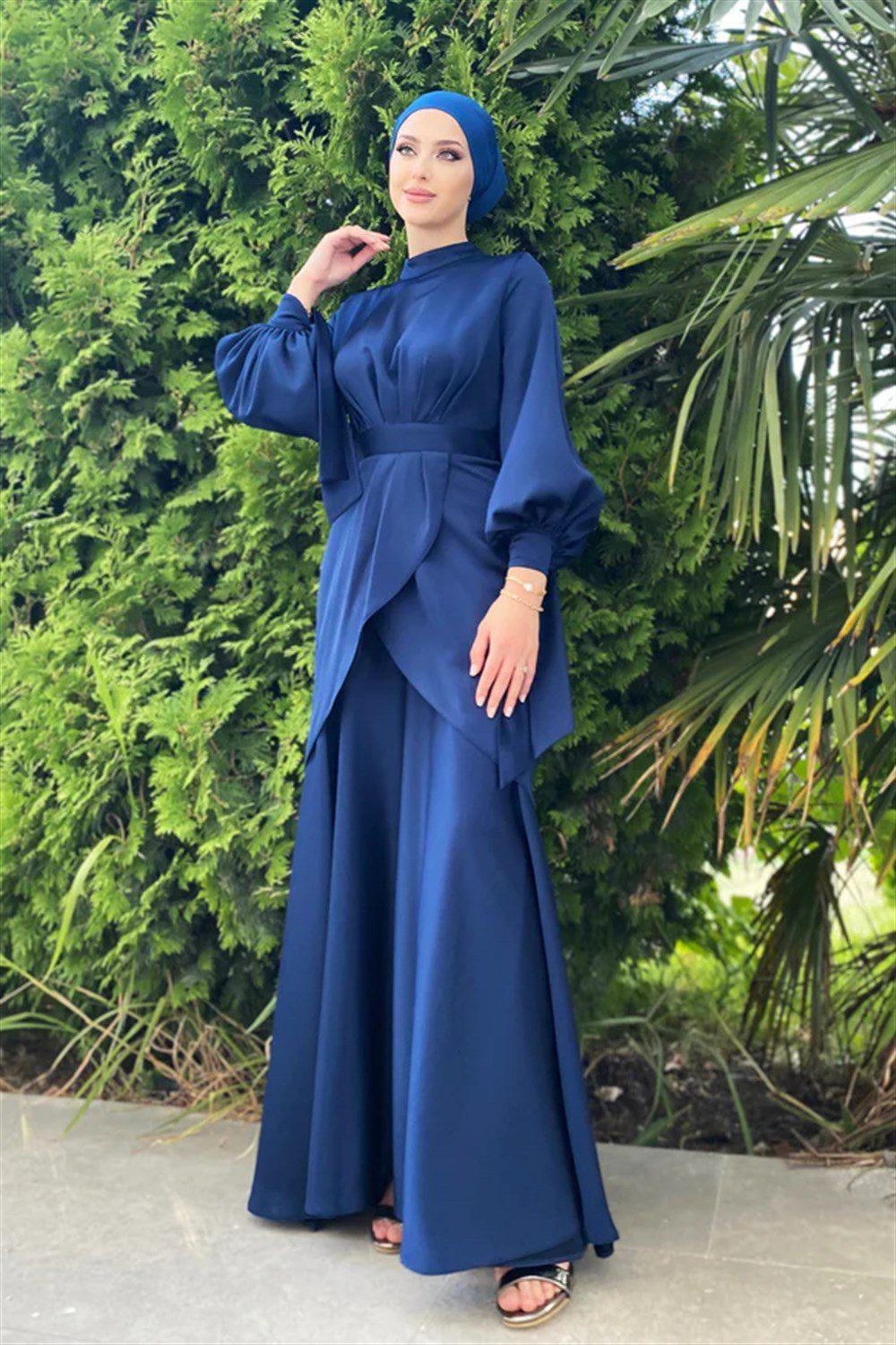 Afra Hijab Evening Dress - Navy Blue