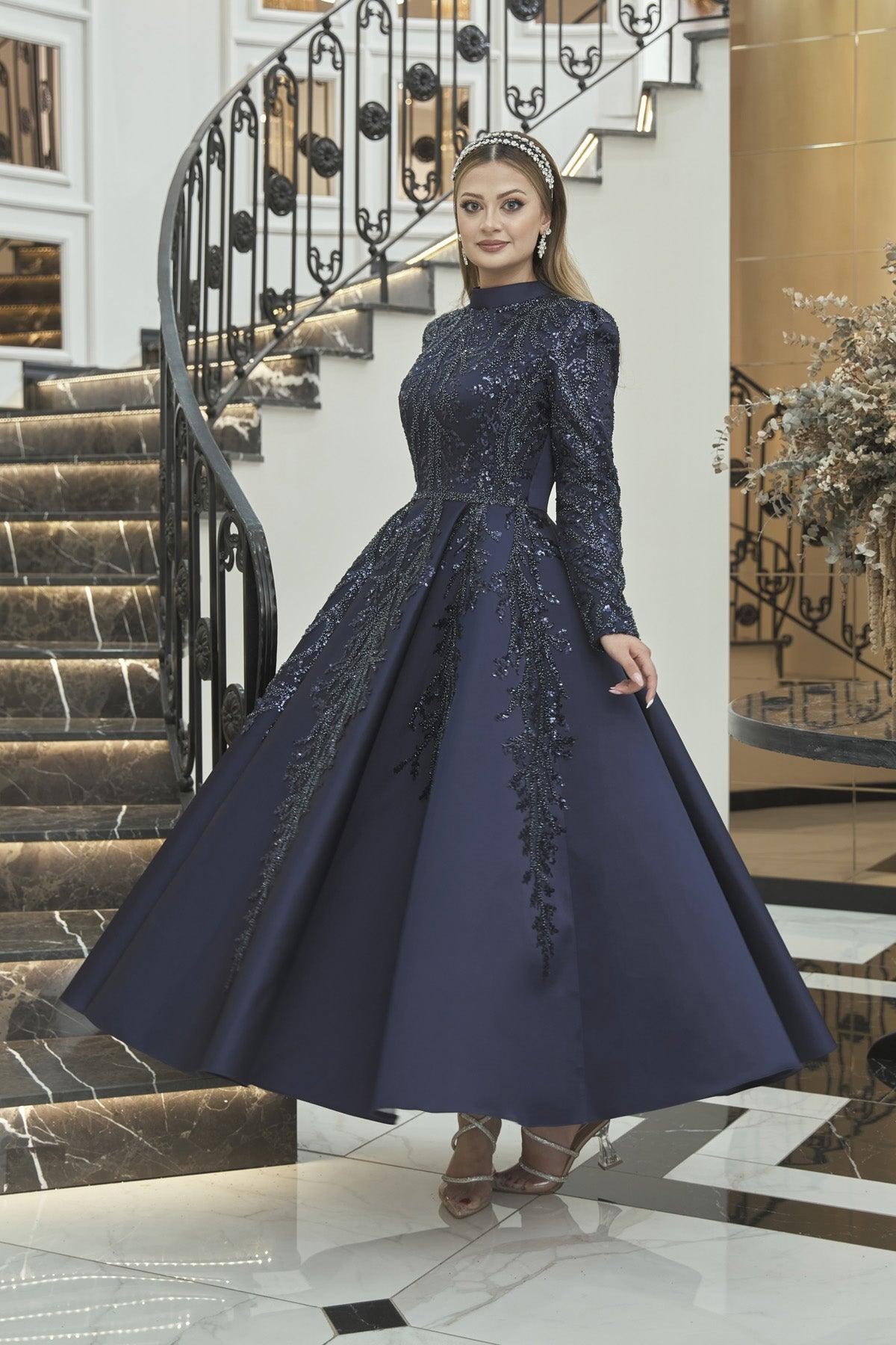 Güzin Hijab Evening Dress - Navy Blue