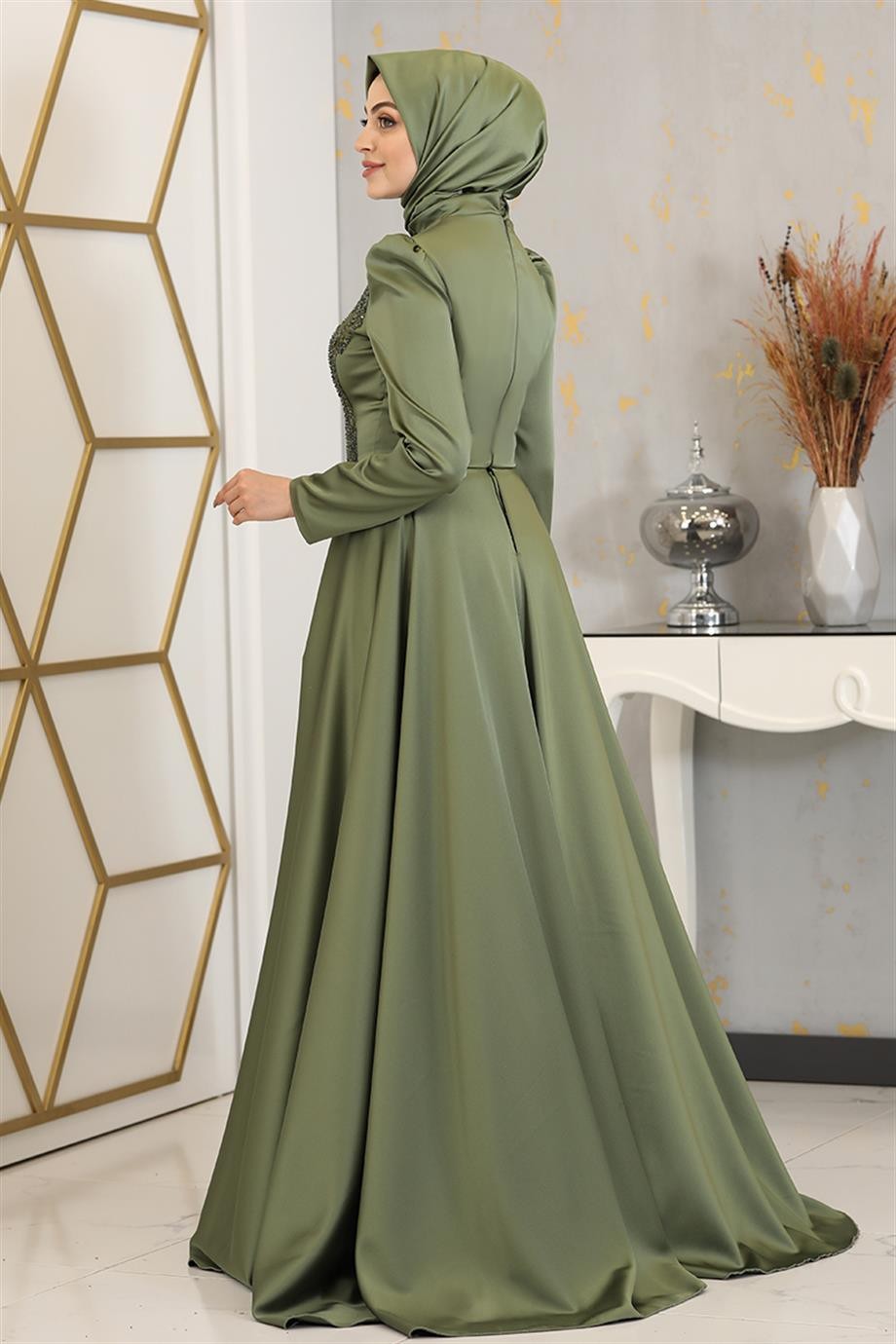 Damla Hijab Evening Dress Khaki
