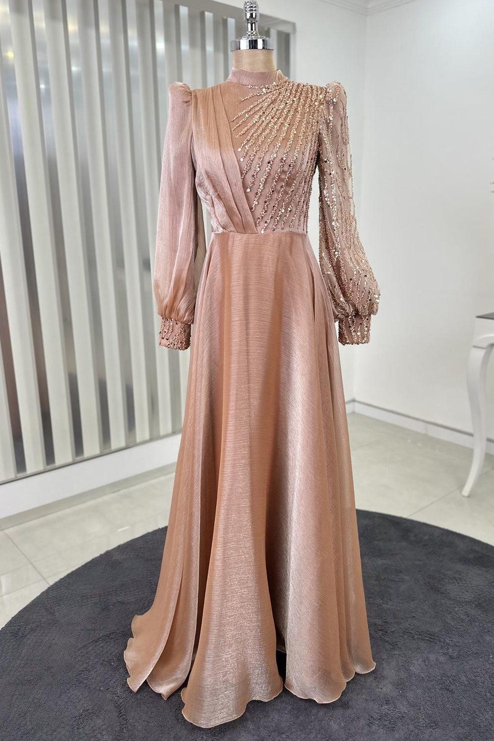 Organza Beaded Lace Embroidered Sun Hijab Evening Dress Rose